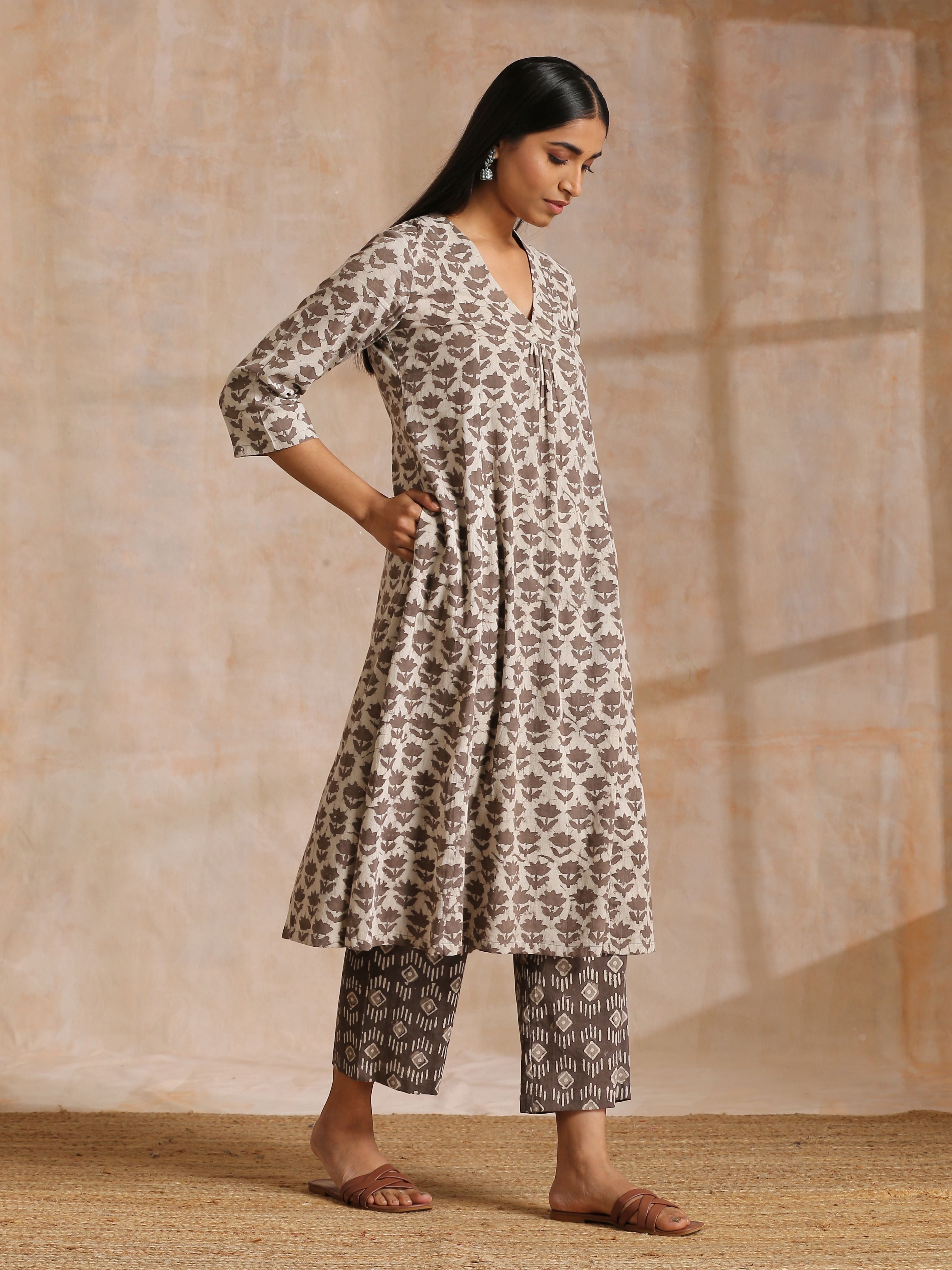 Clay Dabu Buta Print Cotton Front Neck Gathered Kurta Pant Set