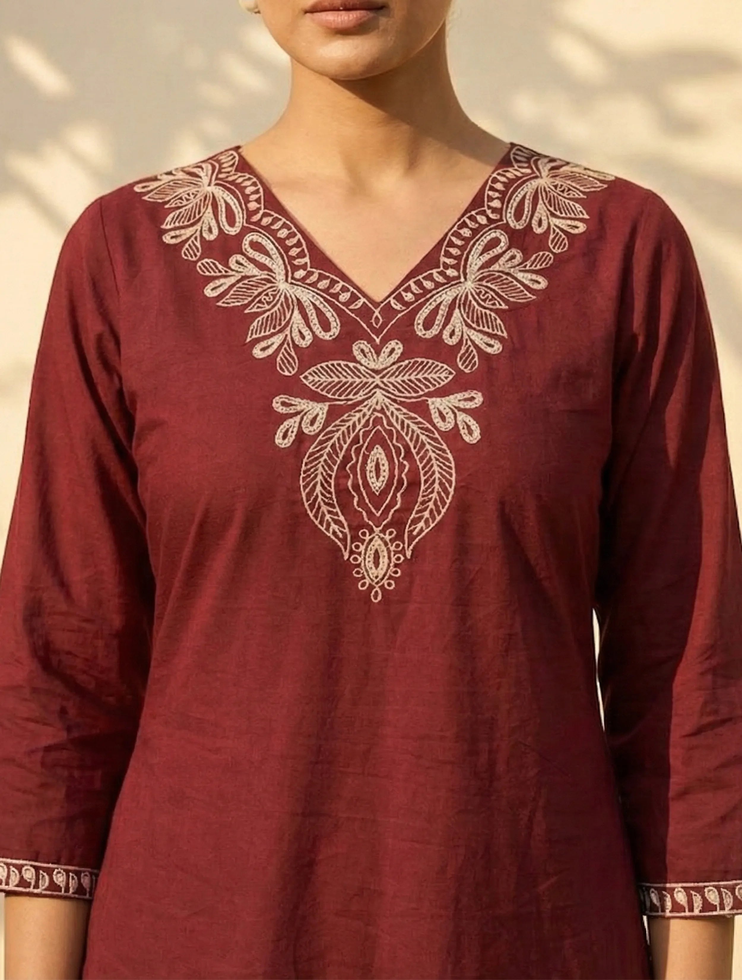 trueBrowns Maroon Embroidered Kurta Farsi Pant Dupatta Set