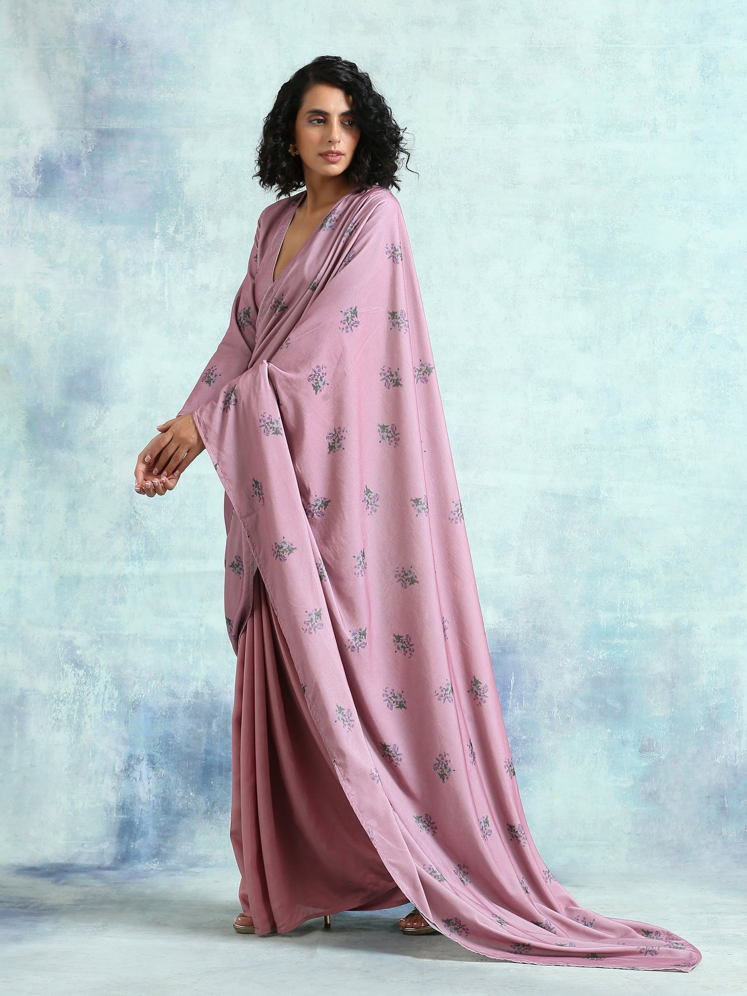 Light Mauve Printed Velvet Ready To Wear Saree