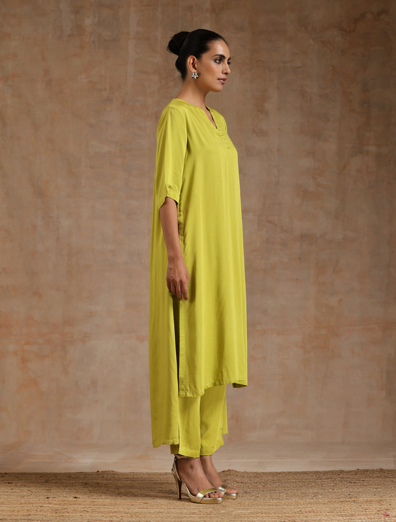 Lime Modal Satin High-Low Relax Kurta Set