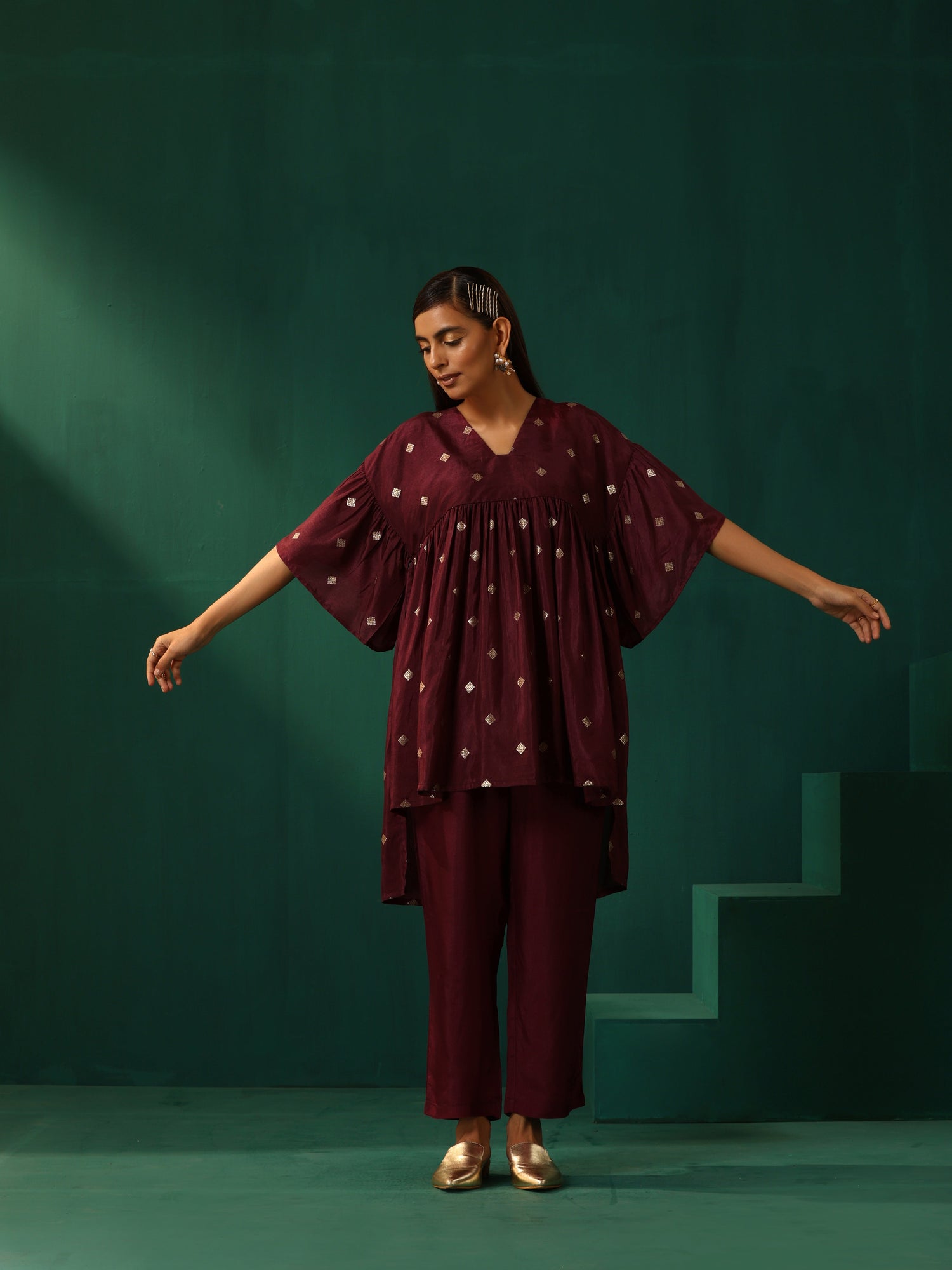 trueBrowns Wine Diamond Viscose Silk Co-ord Set