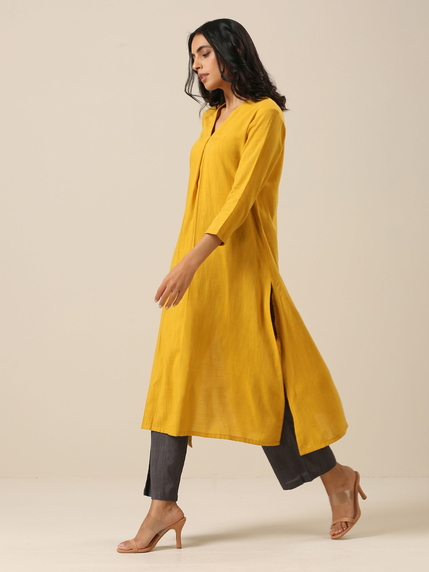 Mustard Yellow Slub Texture Neck Pleat Kurta Pant Set