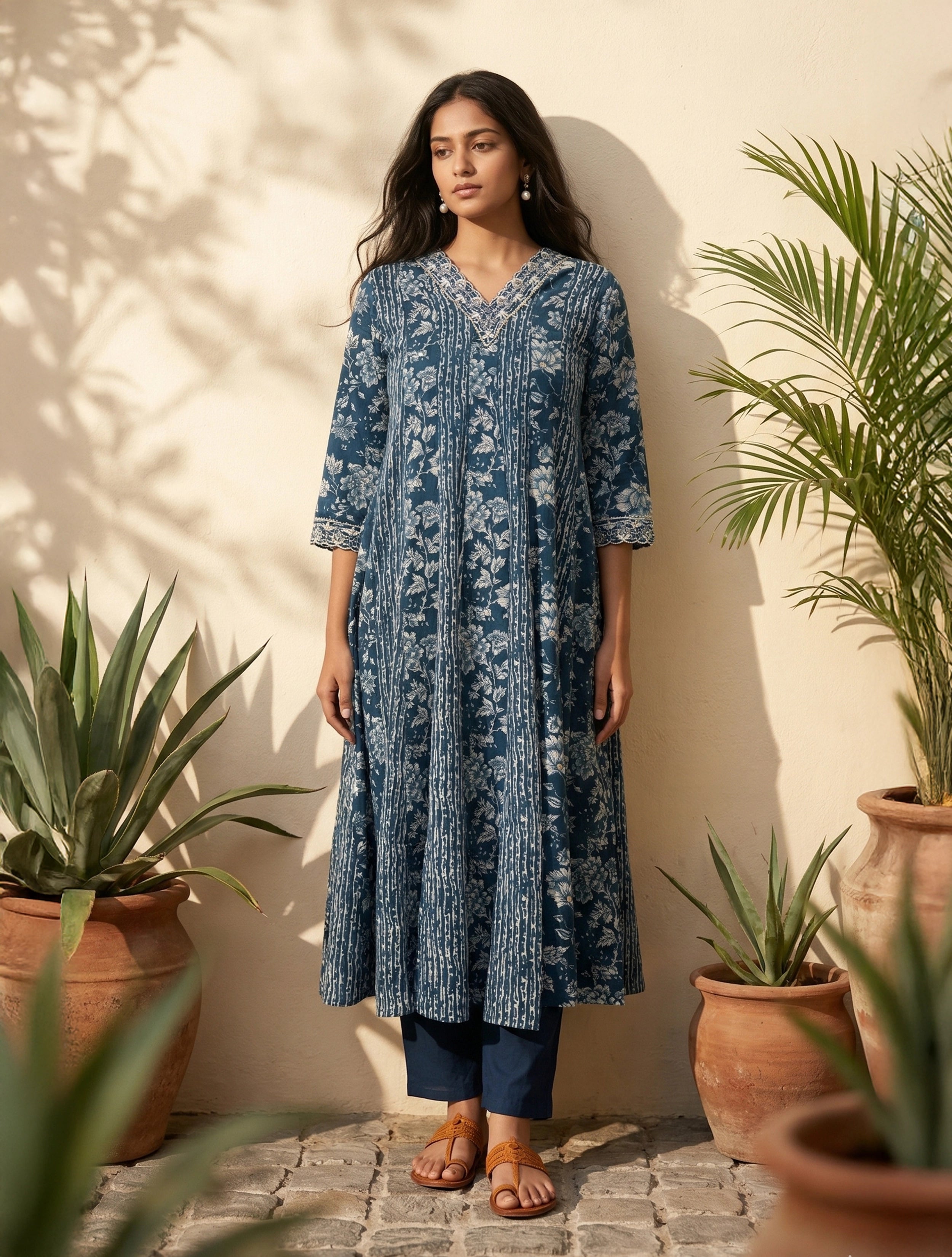 trueBrowns Blue Floral Print Embroidered Anarkali Kurta Pant Dupatta Set