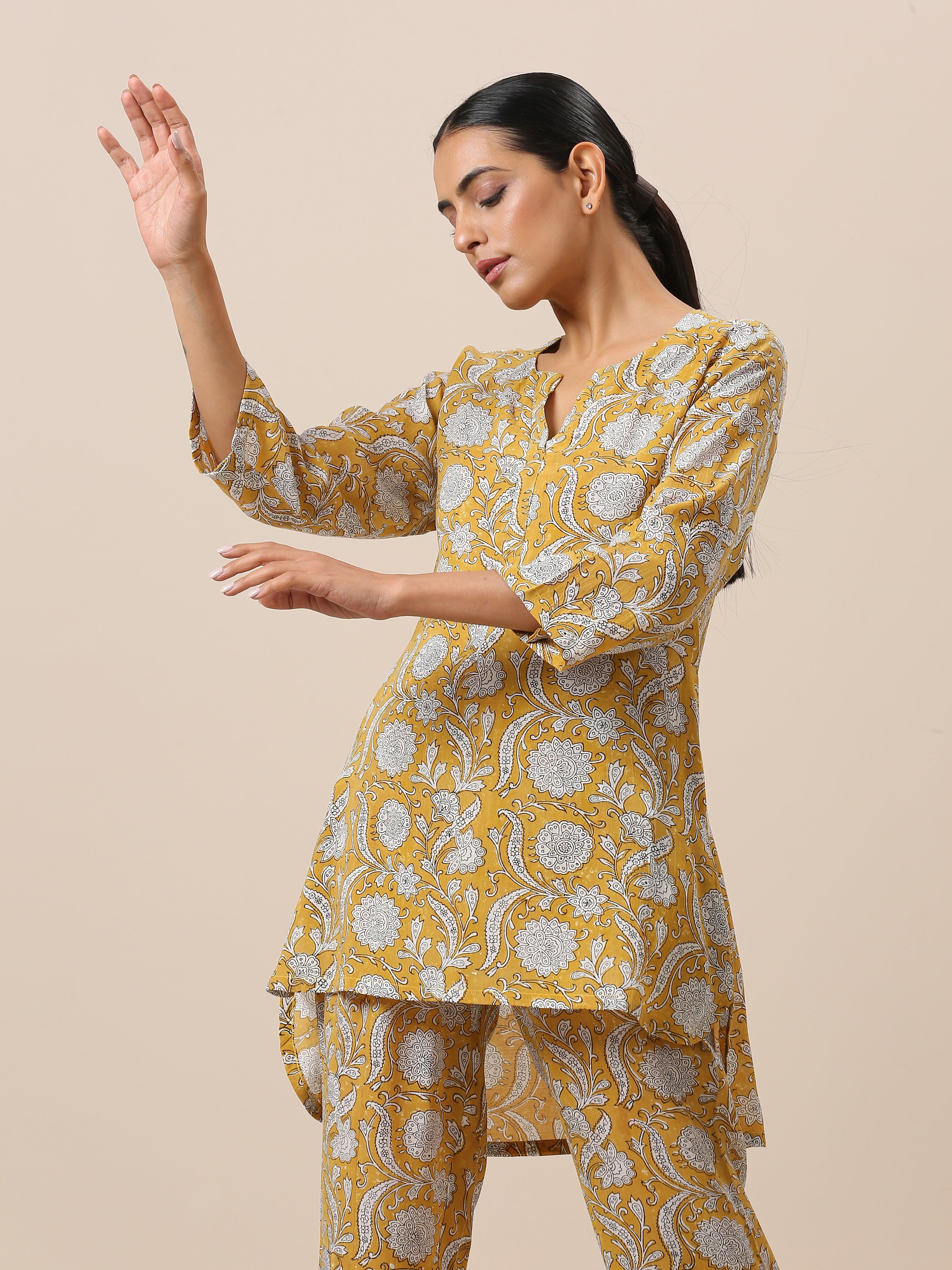Cotton Hand Block Printed Yellow Co-Ord Set - trueBrowns