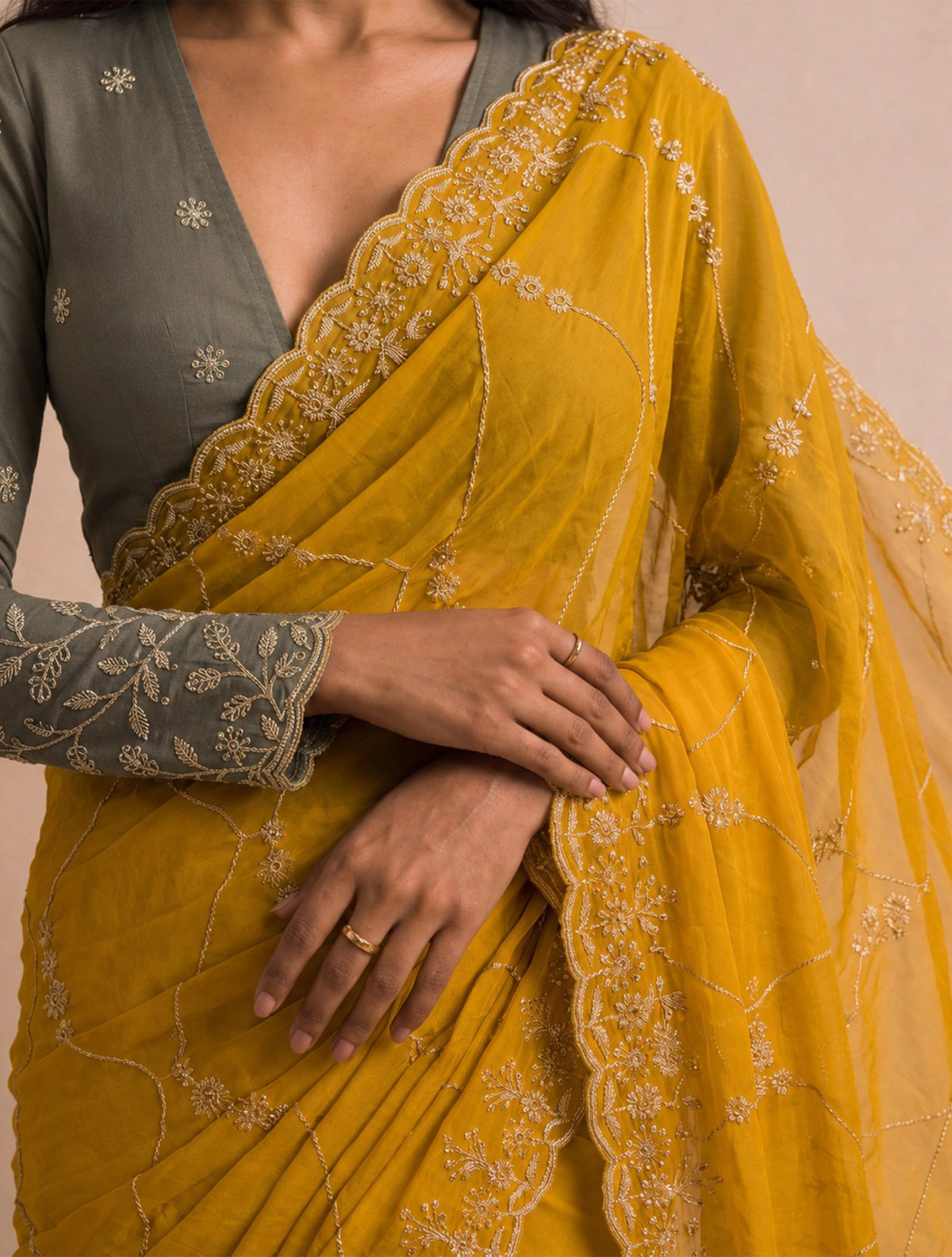trueBrowns Mustard Gold Jaal Embroidered Georgette Saree With Unstitched Blouse
