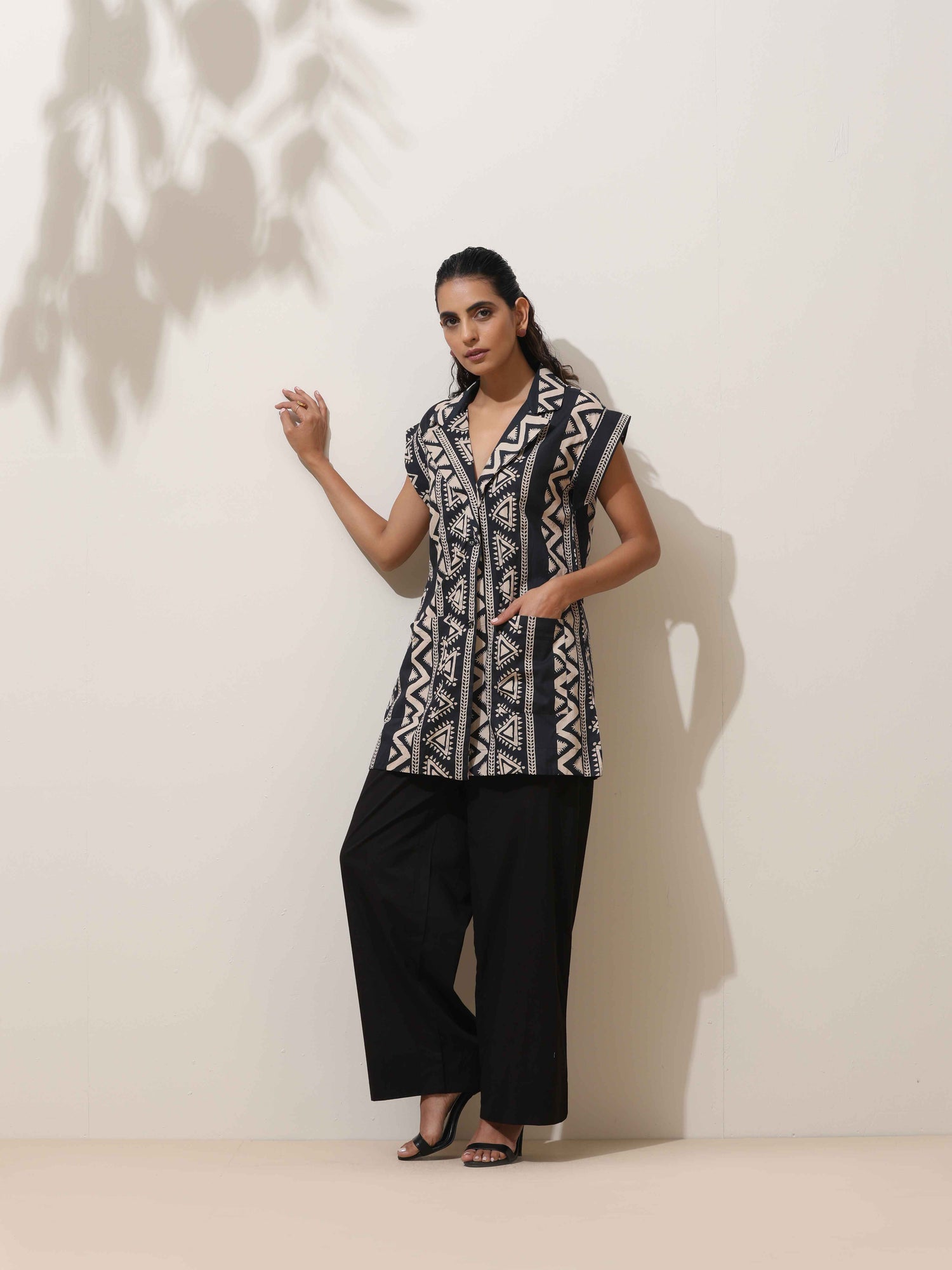 trueBrowns Beige Cotton Geometric Print Jacket Co-ord Set
