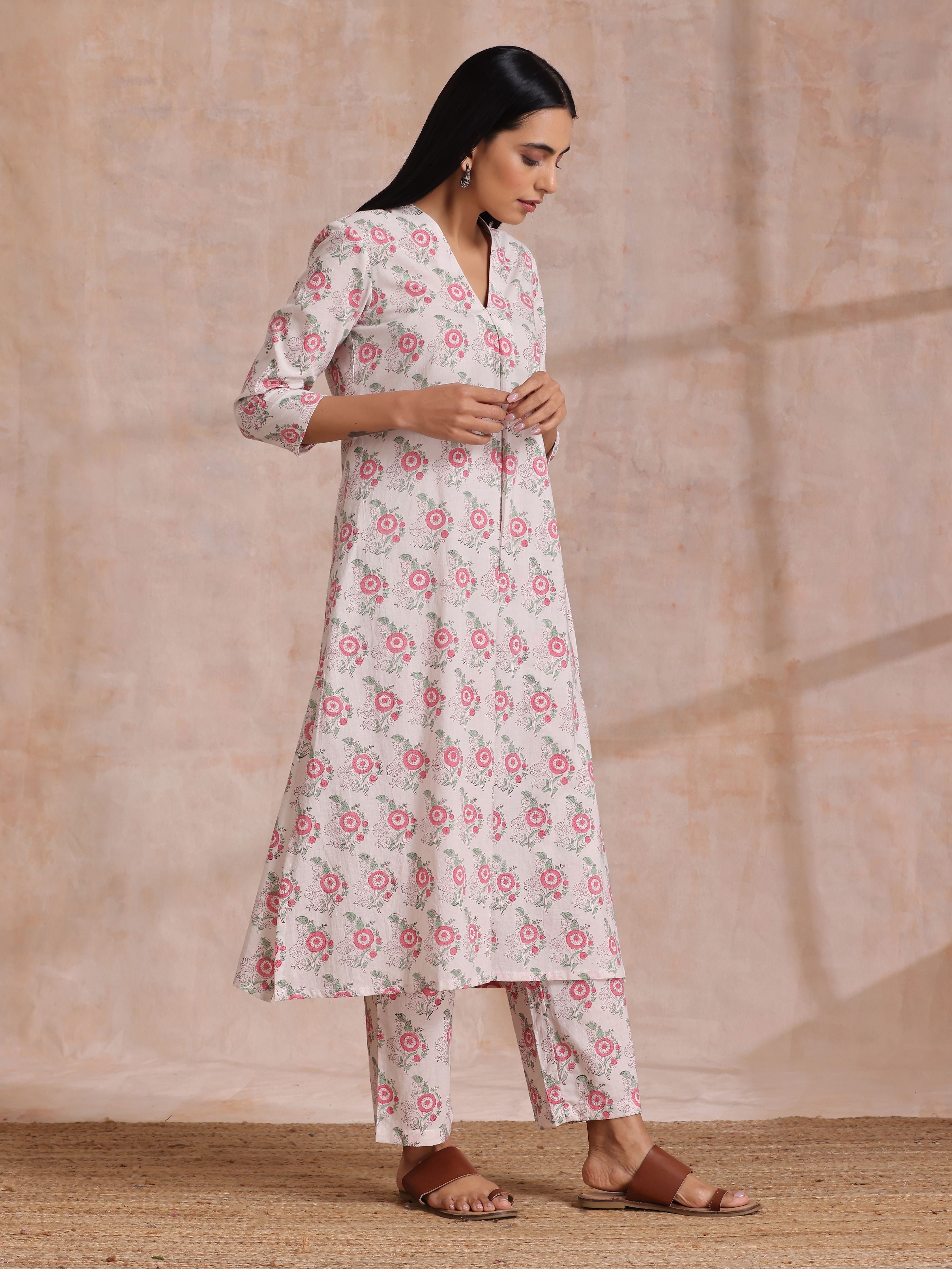 Pink Green Buta On White Block Print Cotton Slit Kurta Pant Set