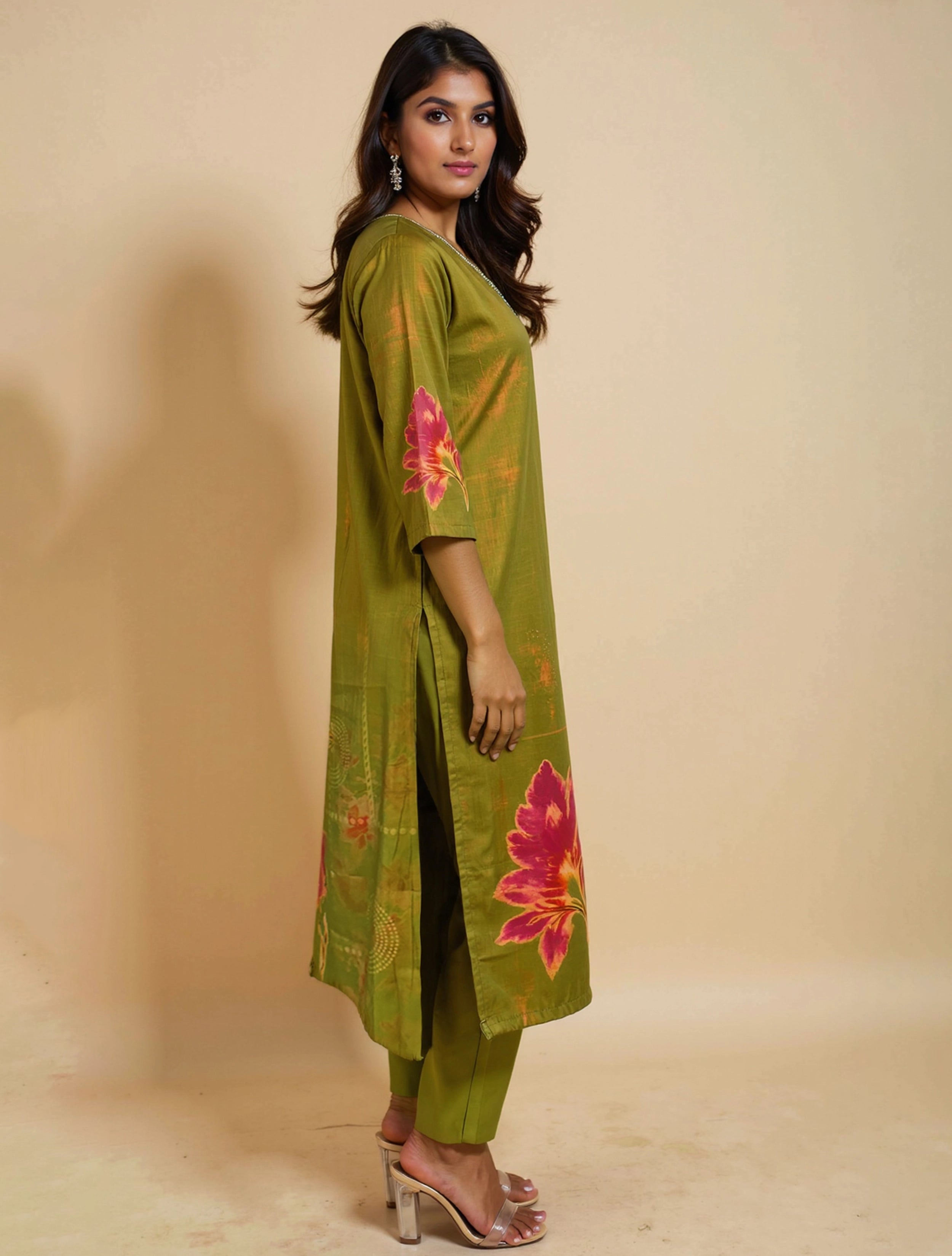 trueBrowns Green Floral Print Kurta Pant Dupatta Set