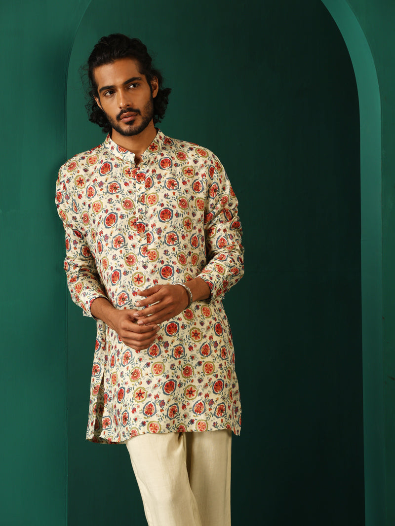 trueBrowns Men Off White Floral Bunch Muslin Silk Printed Co-ord Set