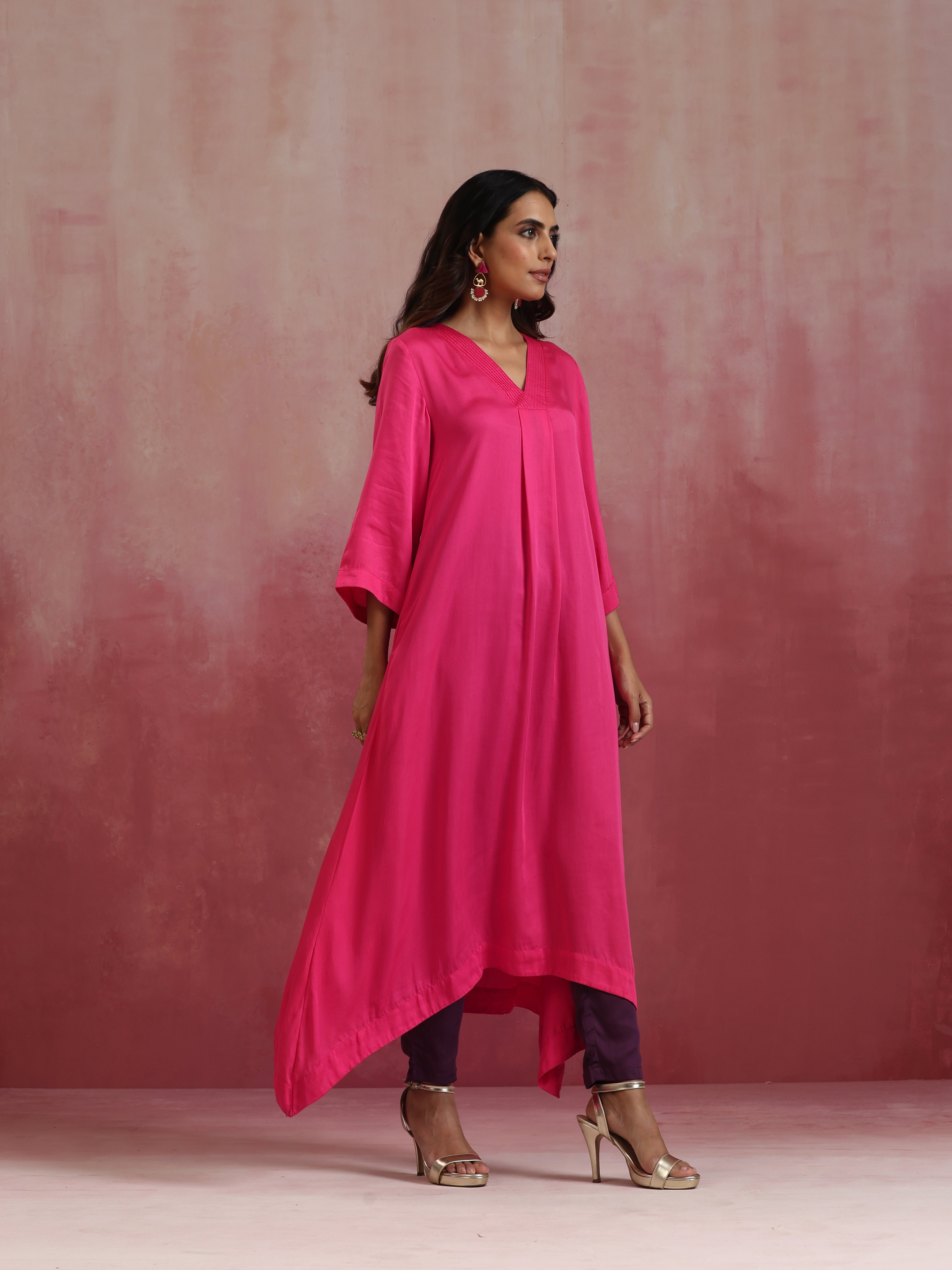 trueBrowns Pink Modal Boxpleat Kurta Set