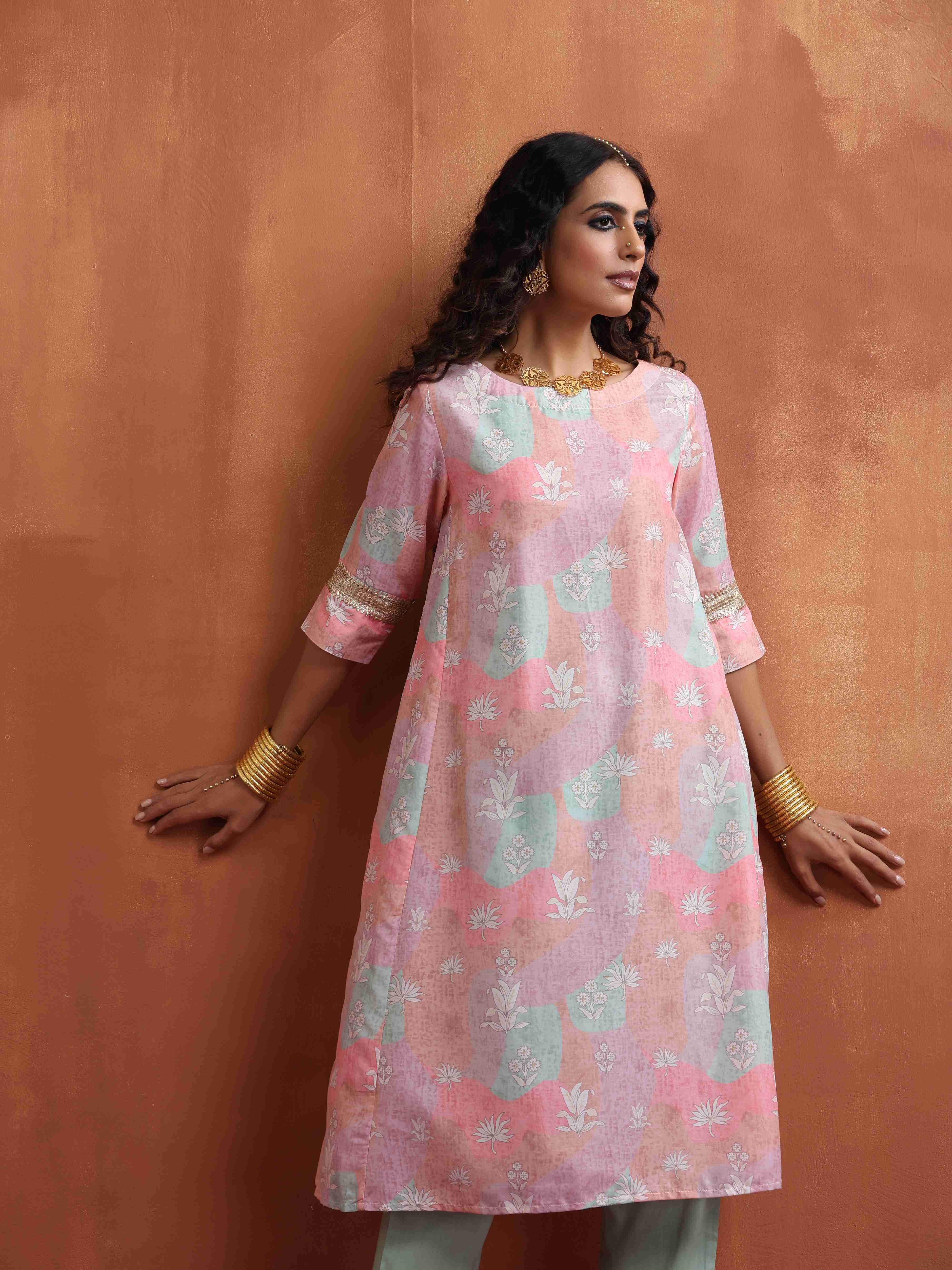 trueBrowns Beige Palm Print A-line Kurta Set