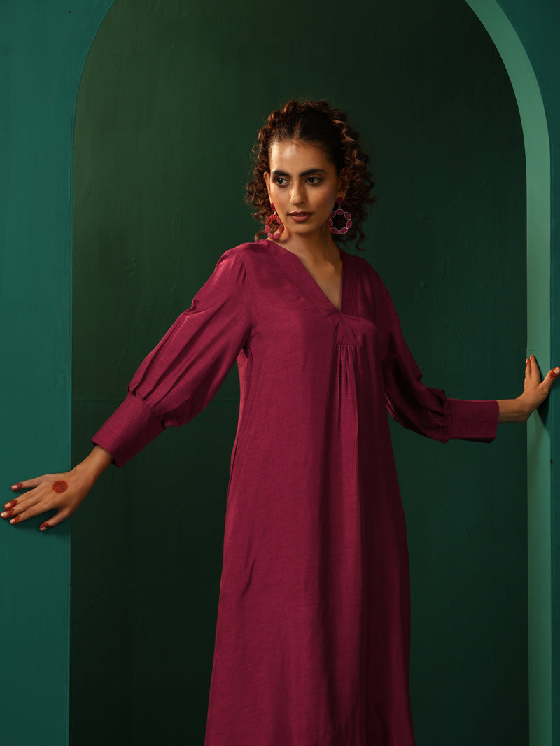 trueBrowns Purple Silk Puff Sleeve Kurta Pant Set