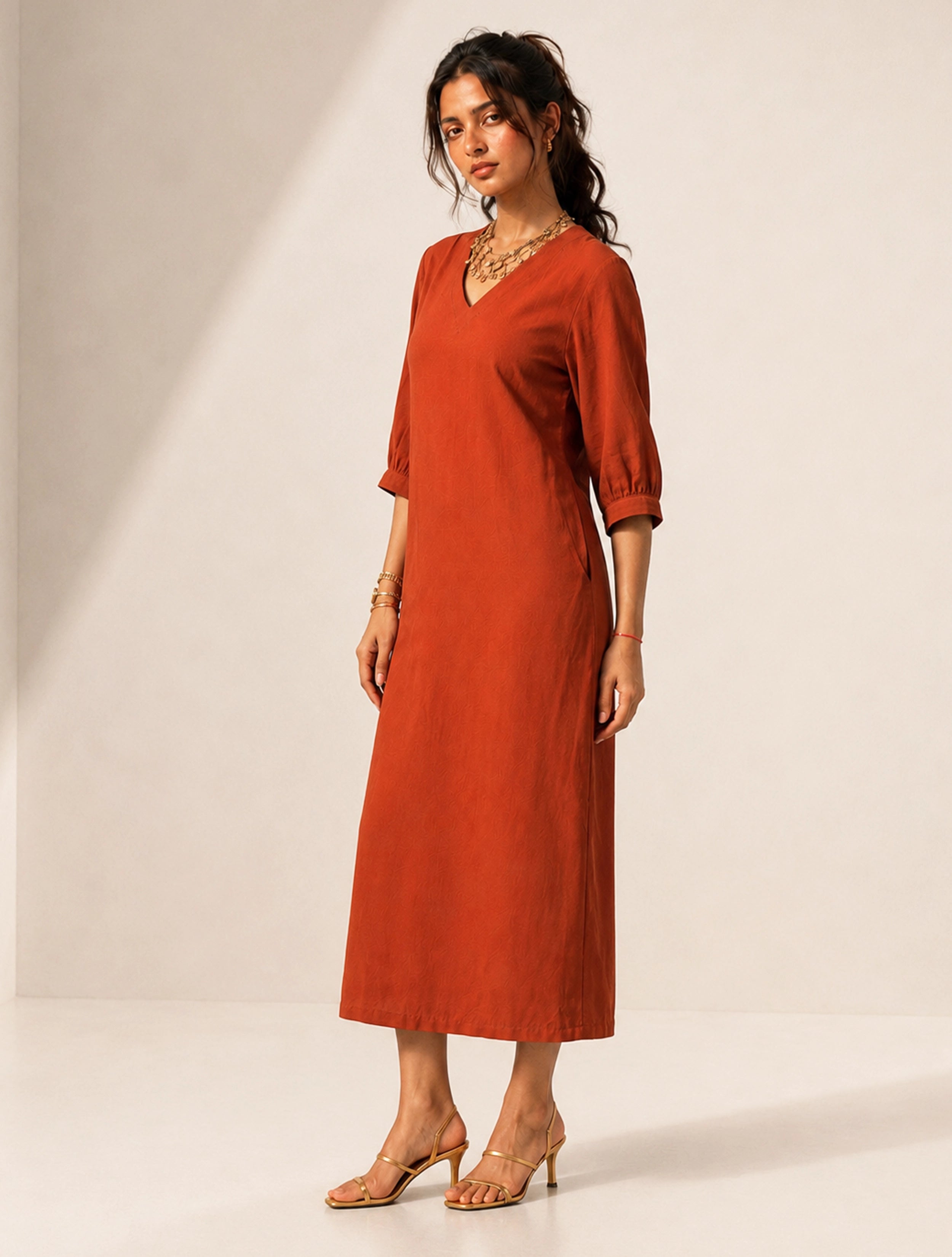 trueBrowns Rust Solid Viscose Long Dress