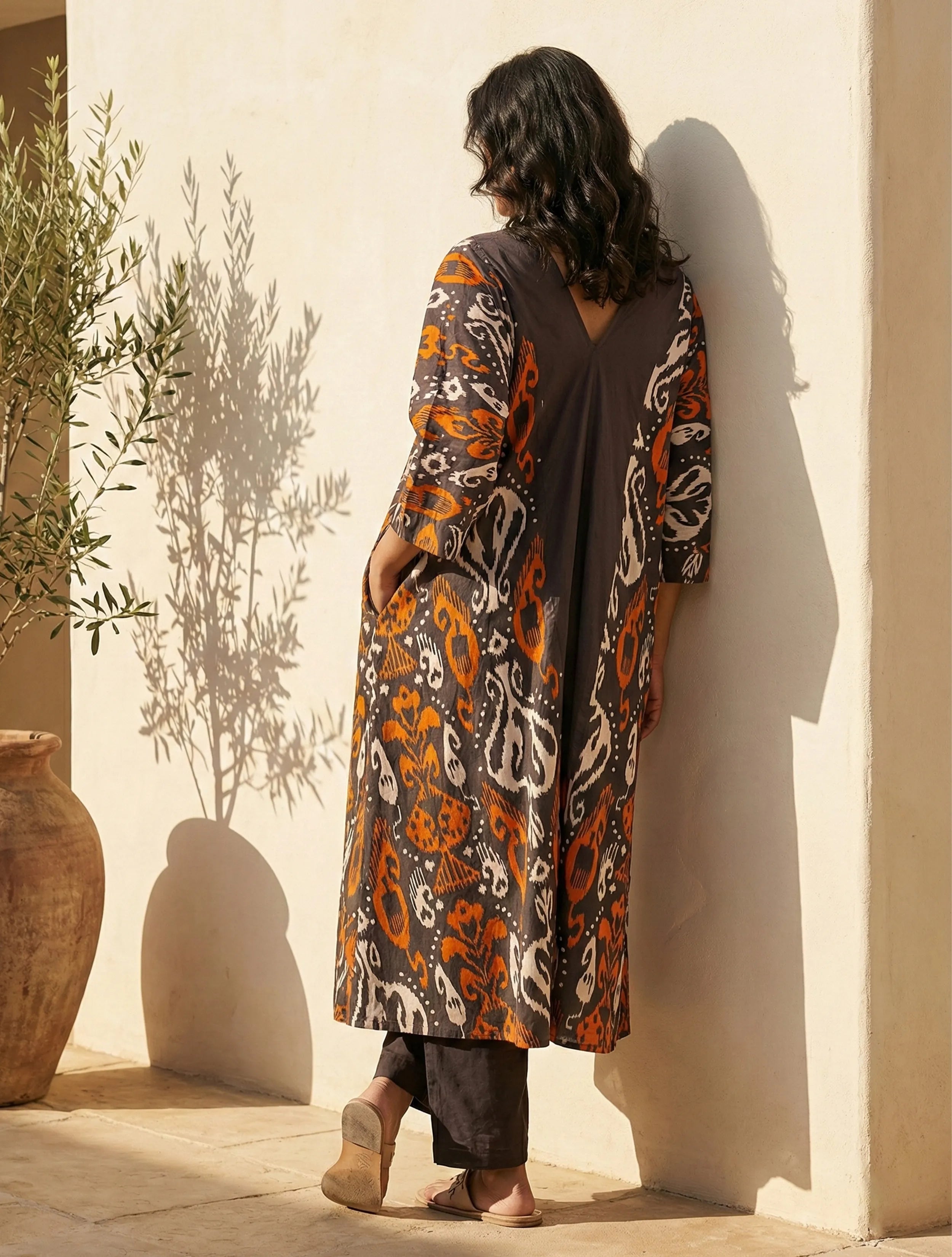 trueBrowns Cola Orange Ikat Print Cotton Kaftan Kurta Set