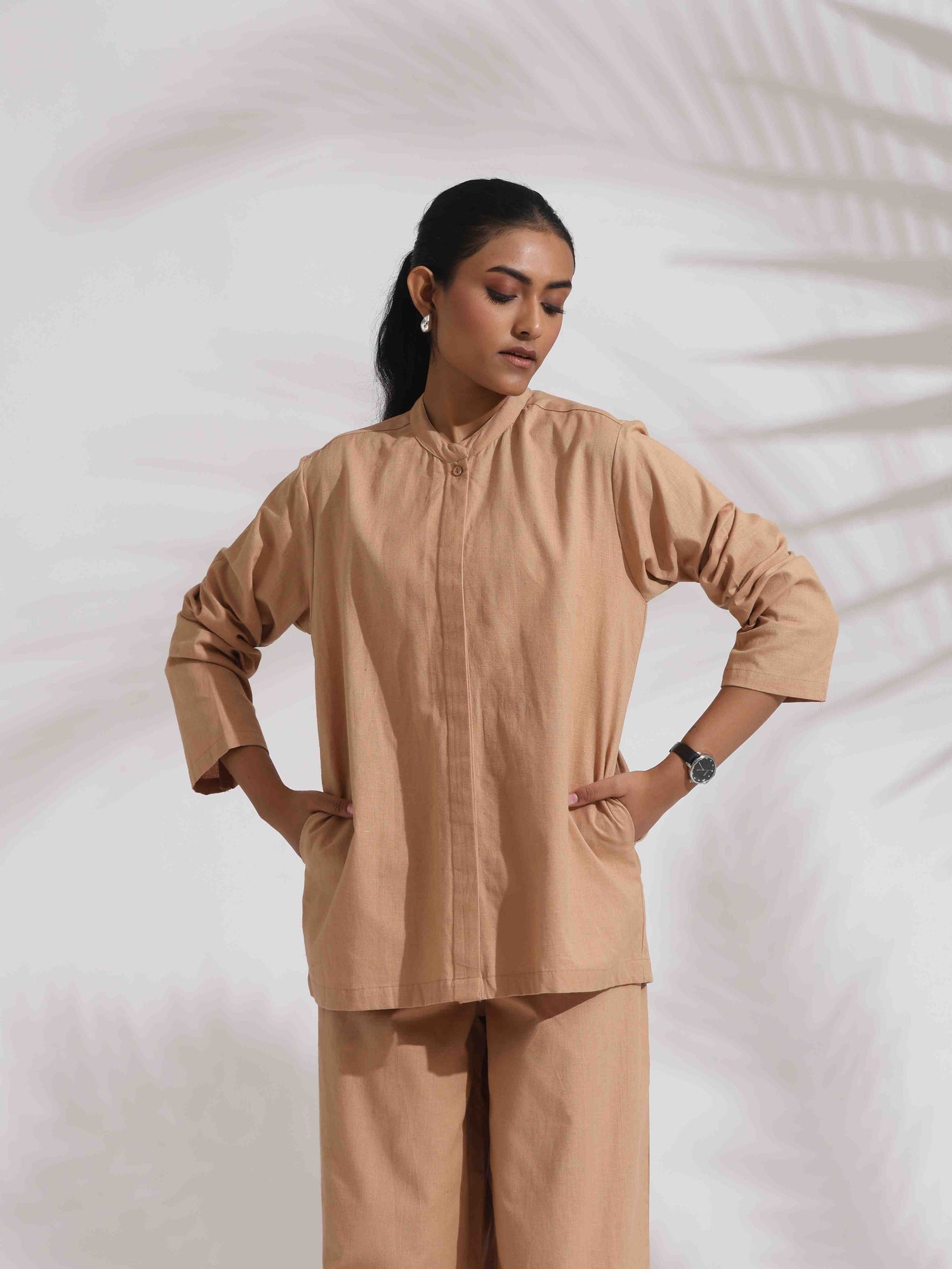 trueBrowns Beige Cotton Embroidered Shirt Top Co-ord Set