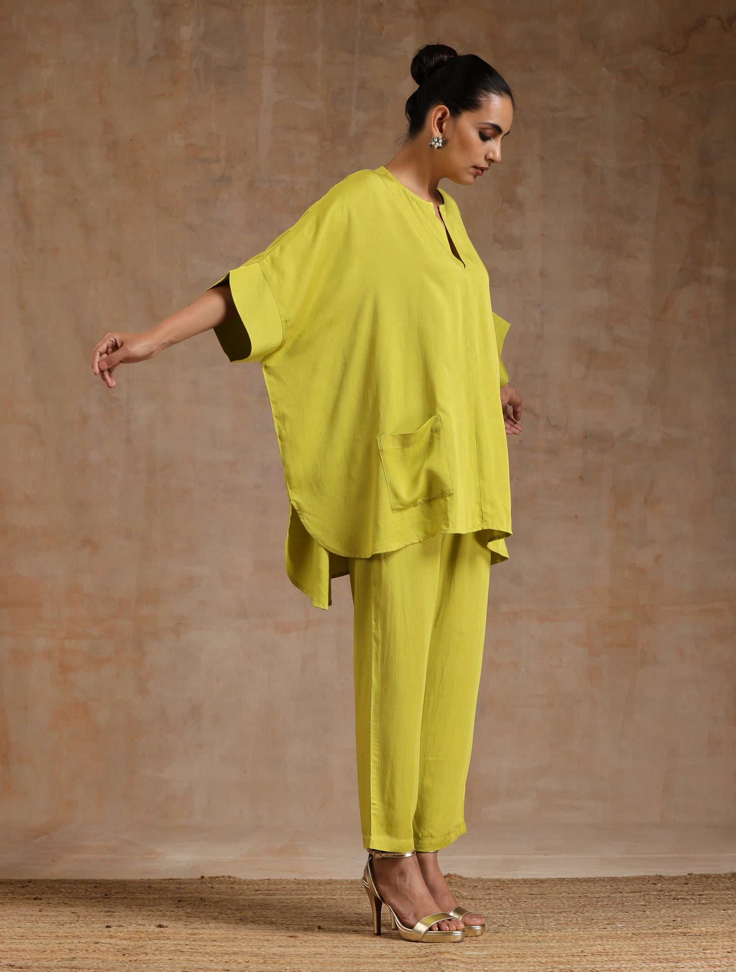 Lime Modal Satin Boxy Fit High-Low Co-Ord Set