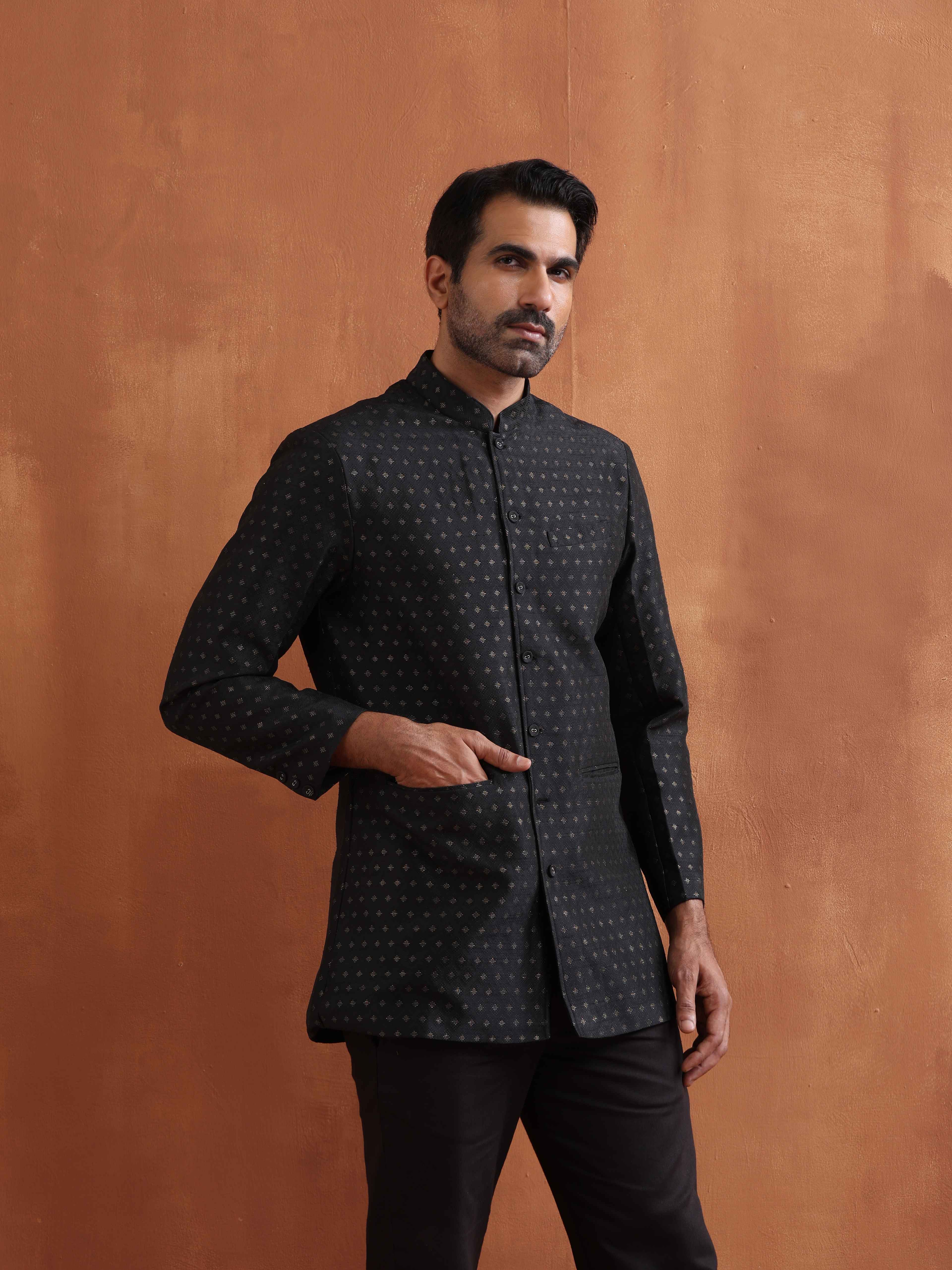 trueBrowns Men's Black Chanderi Long Jacket