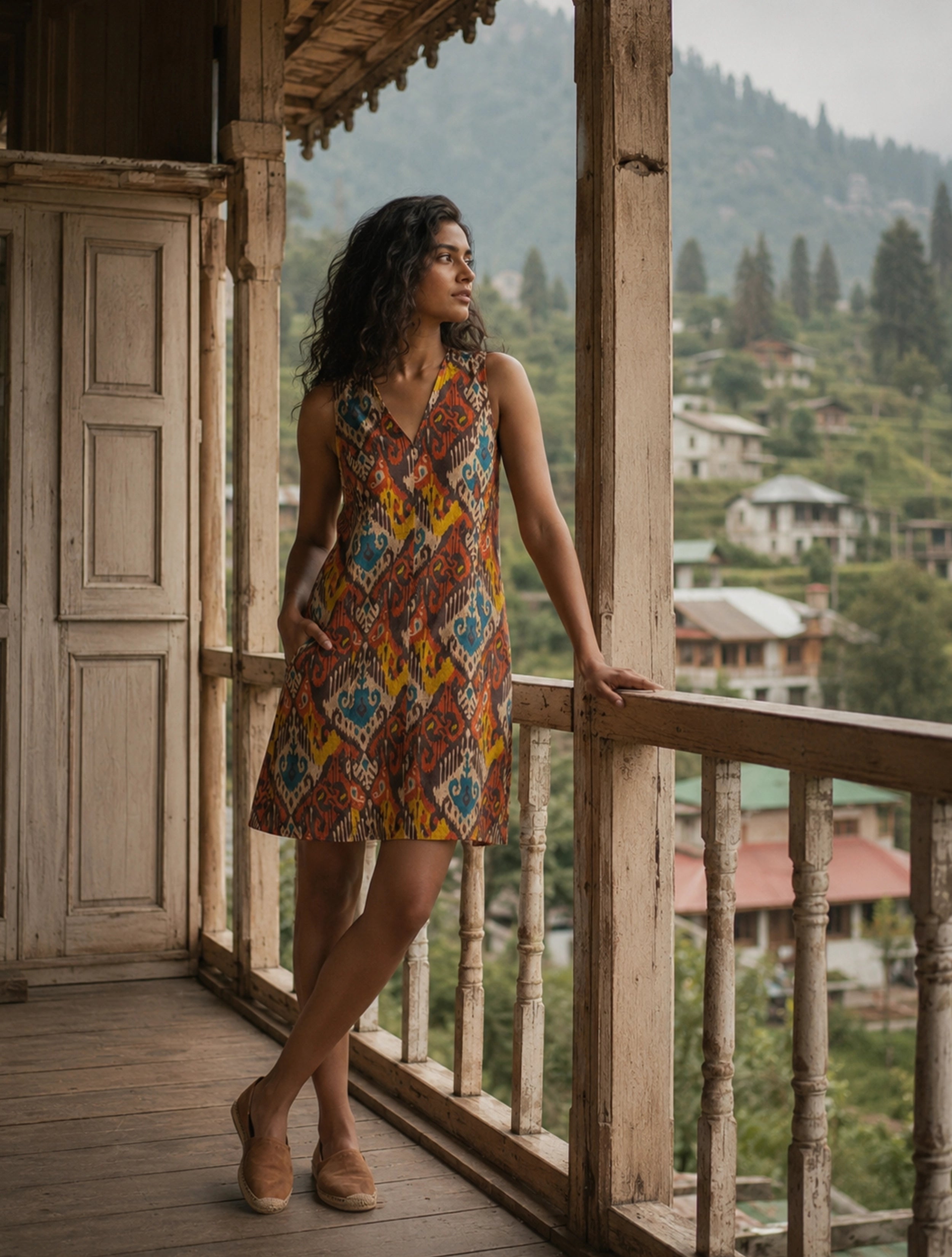 trueBrowns Multicolour Ikat Print Cotton Poplin Sleeveless Short Dress