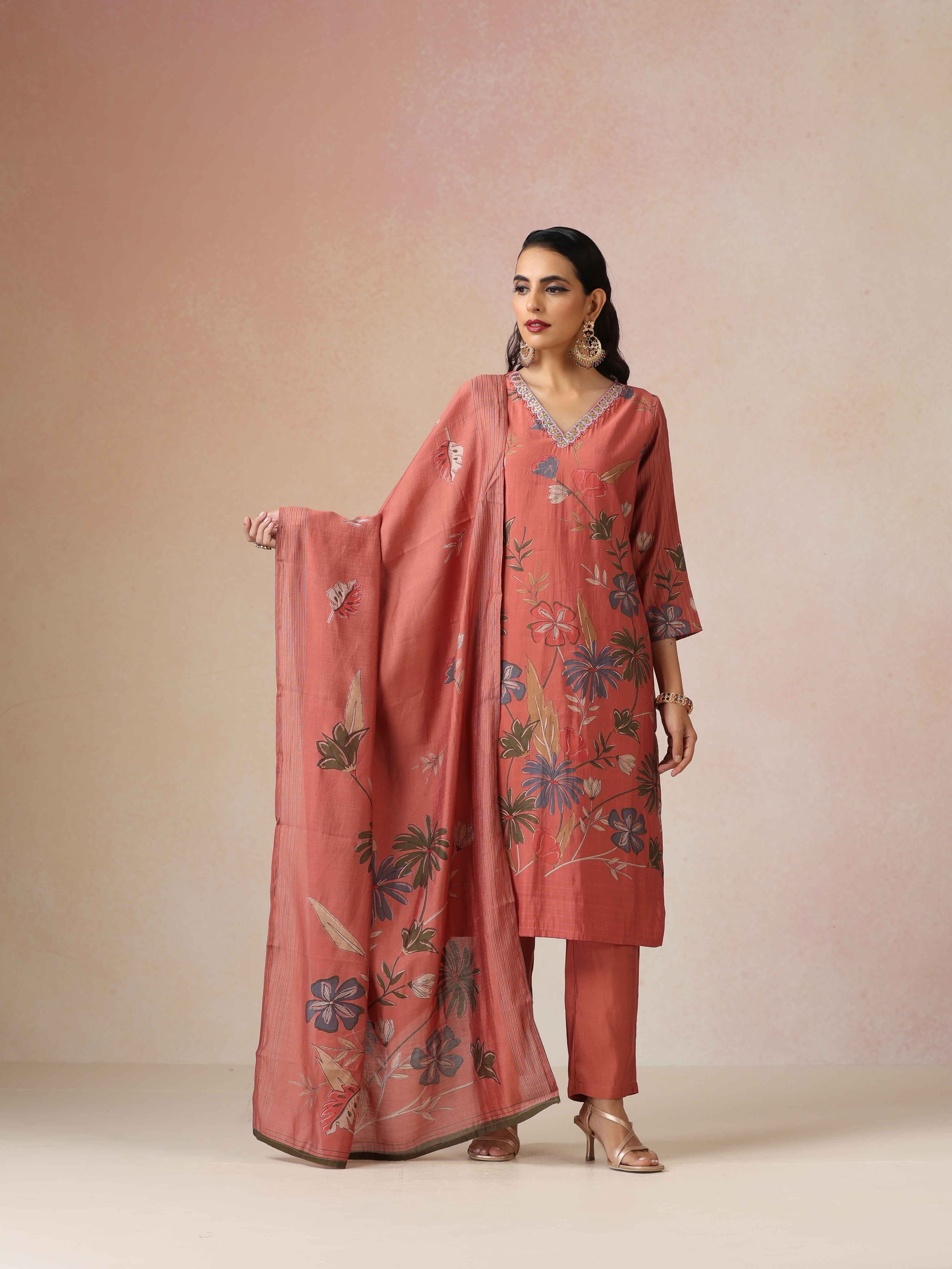 trueBrowns Rust Embroidered Straight Kurta 3pc Set