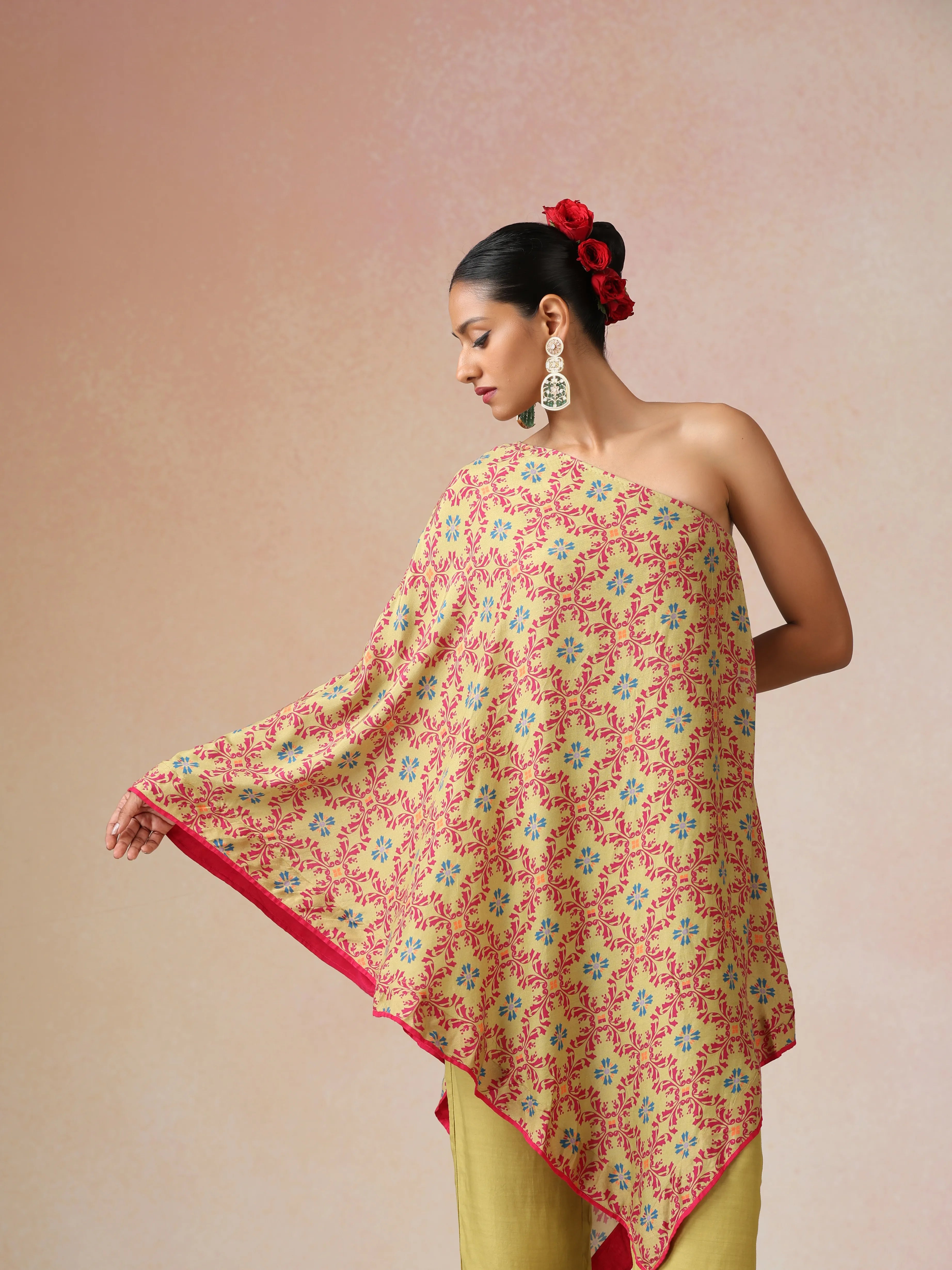 trueBrowns Light Green Pink Jaal Print Viscose Asymmetric One-Shoulder Kurta Co-ord Set