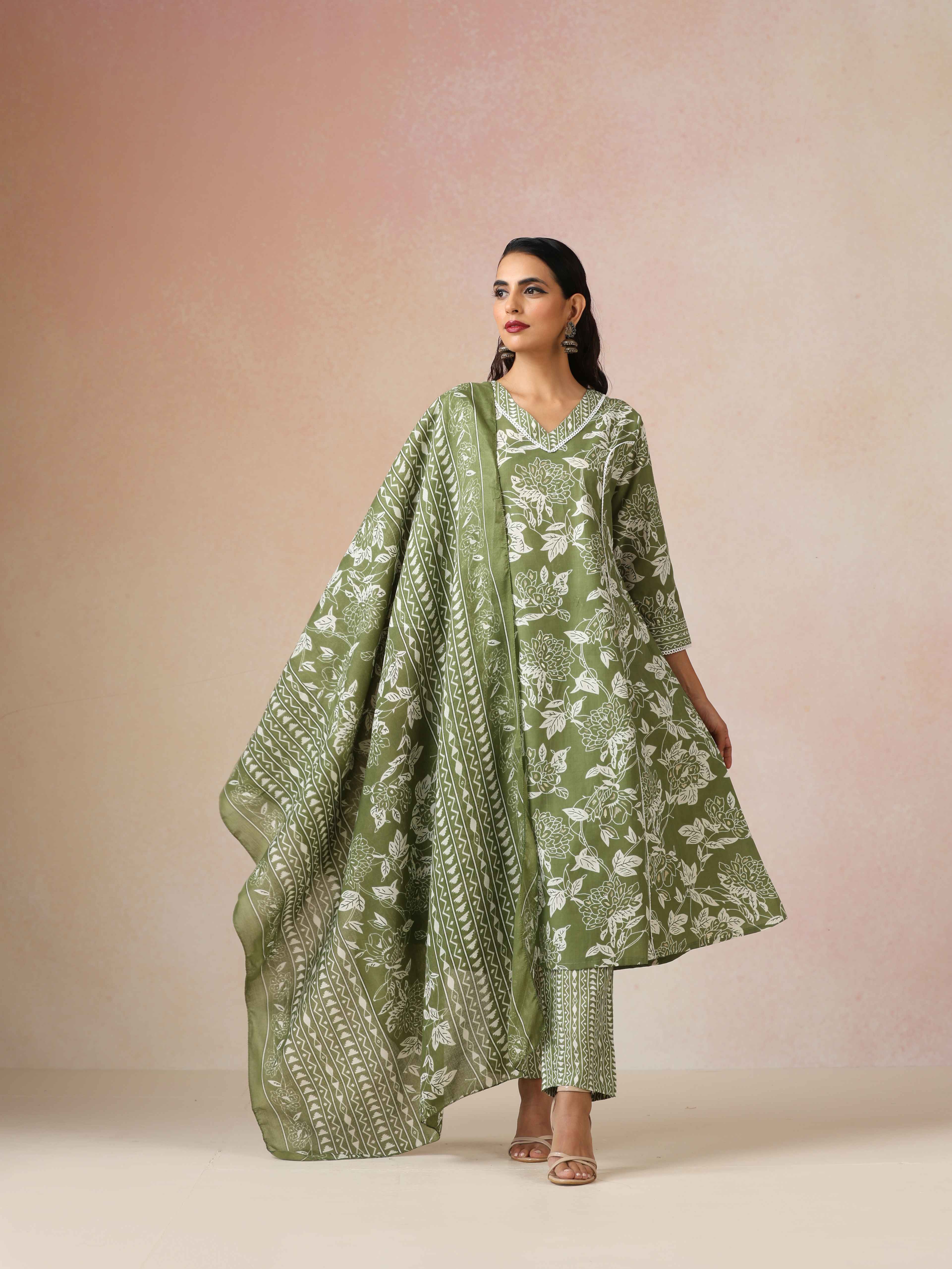 trueBrowns Green Cotton Print A Line Kurta 3pc Set
