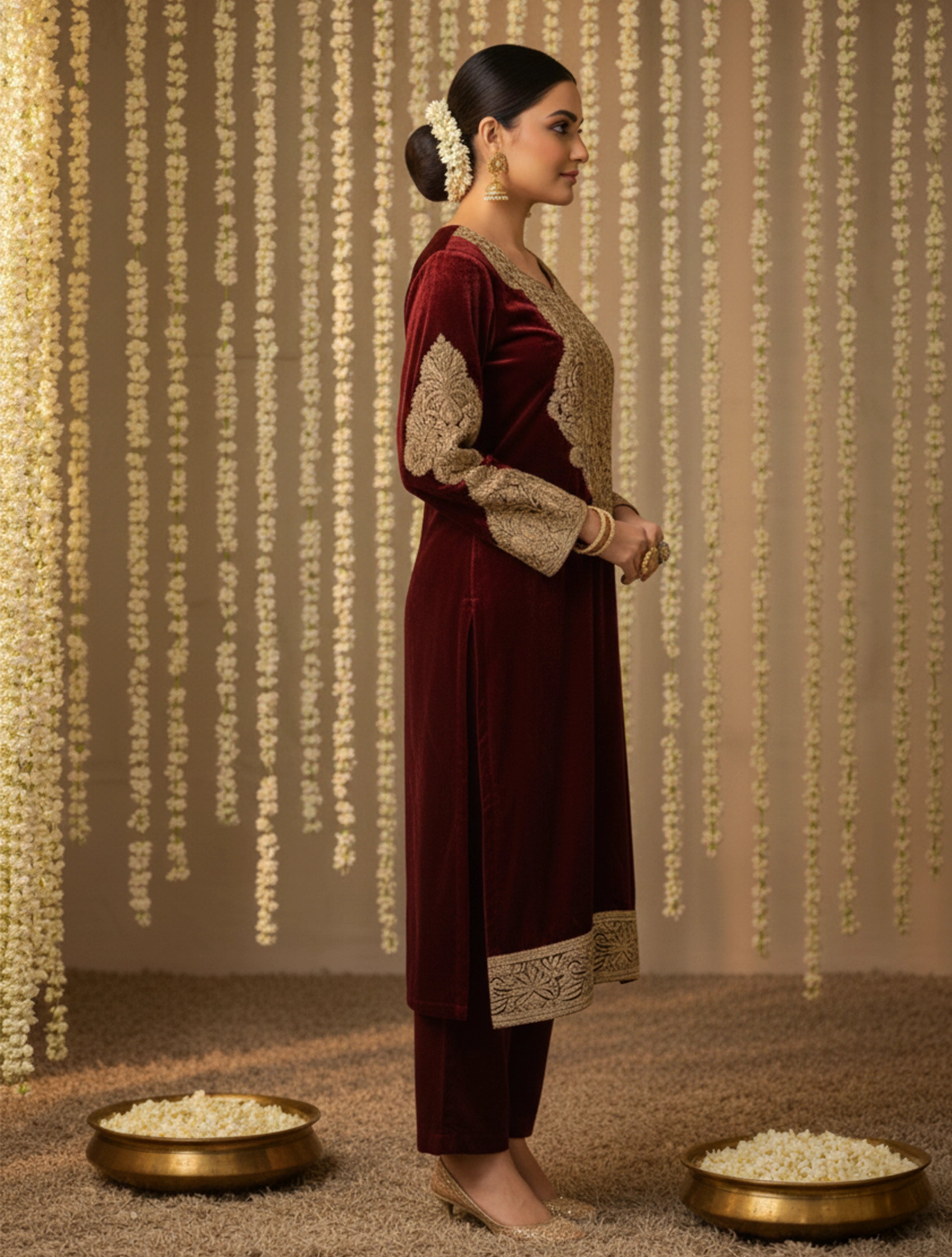 trueBrowns Maroon Velvet Embroidered Chogha Pants Dupatta Set