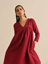 Maroon Slub Gathered Kurta Pant Set