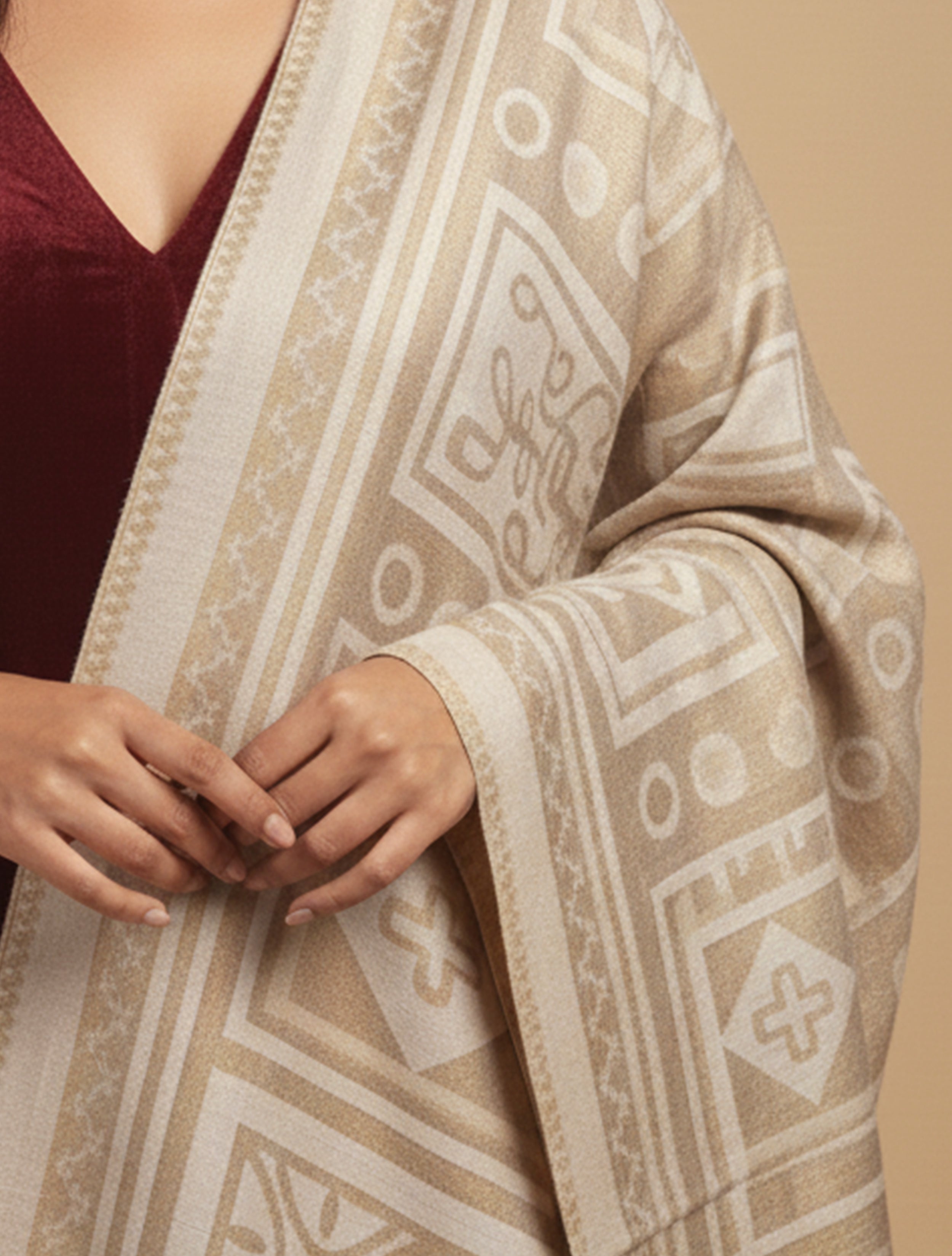 trueBrowns Beige Abstract Woollen Stole