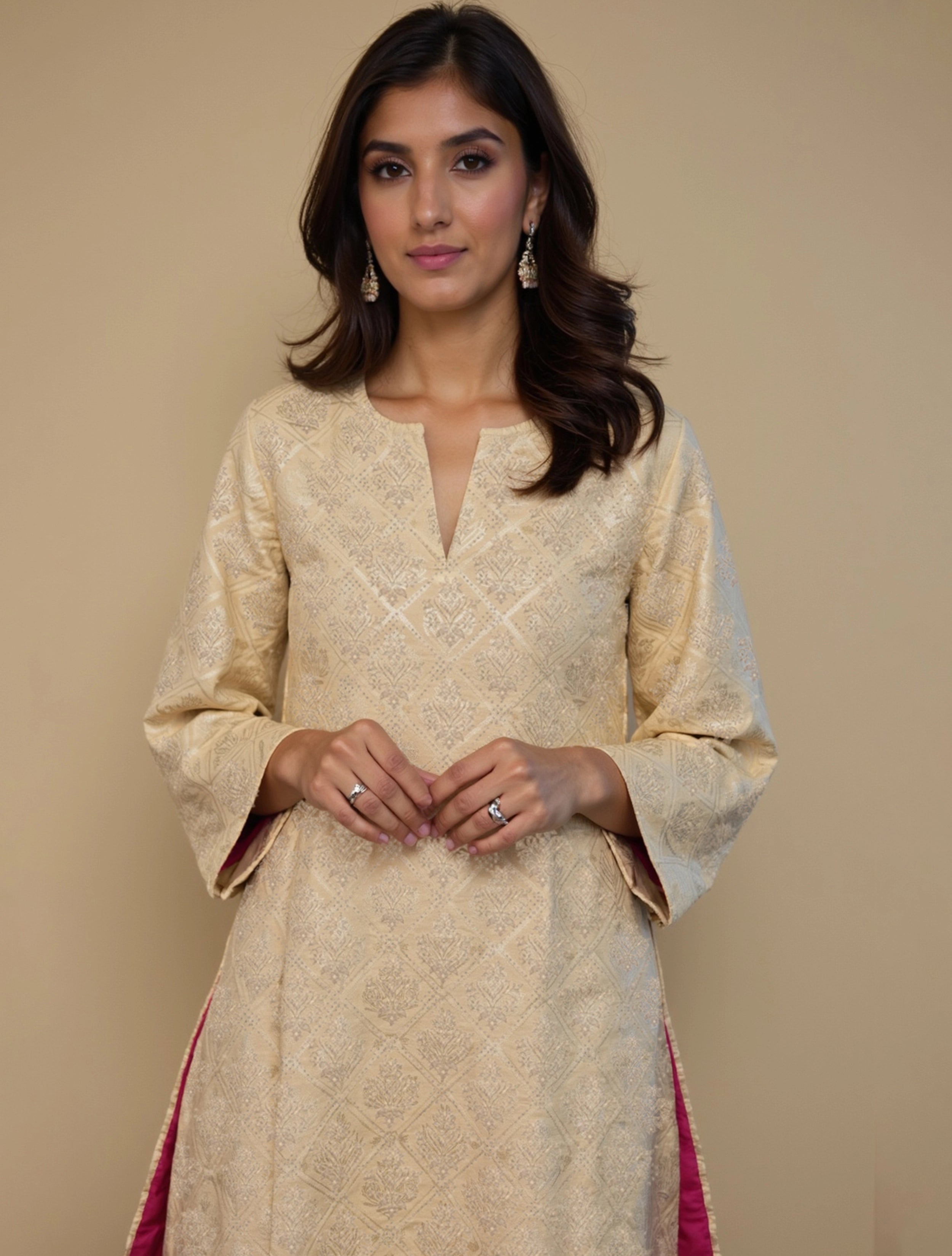 trueBrowns Ivory Brocade Straight High-Slit Kurta Set