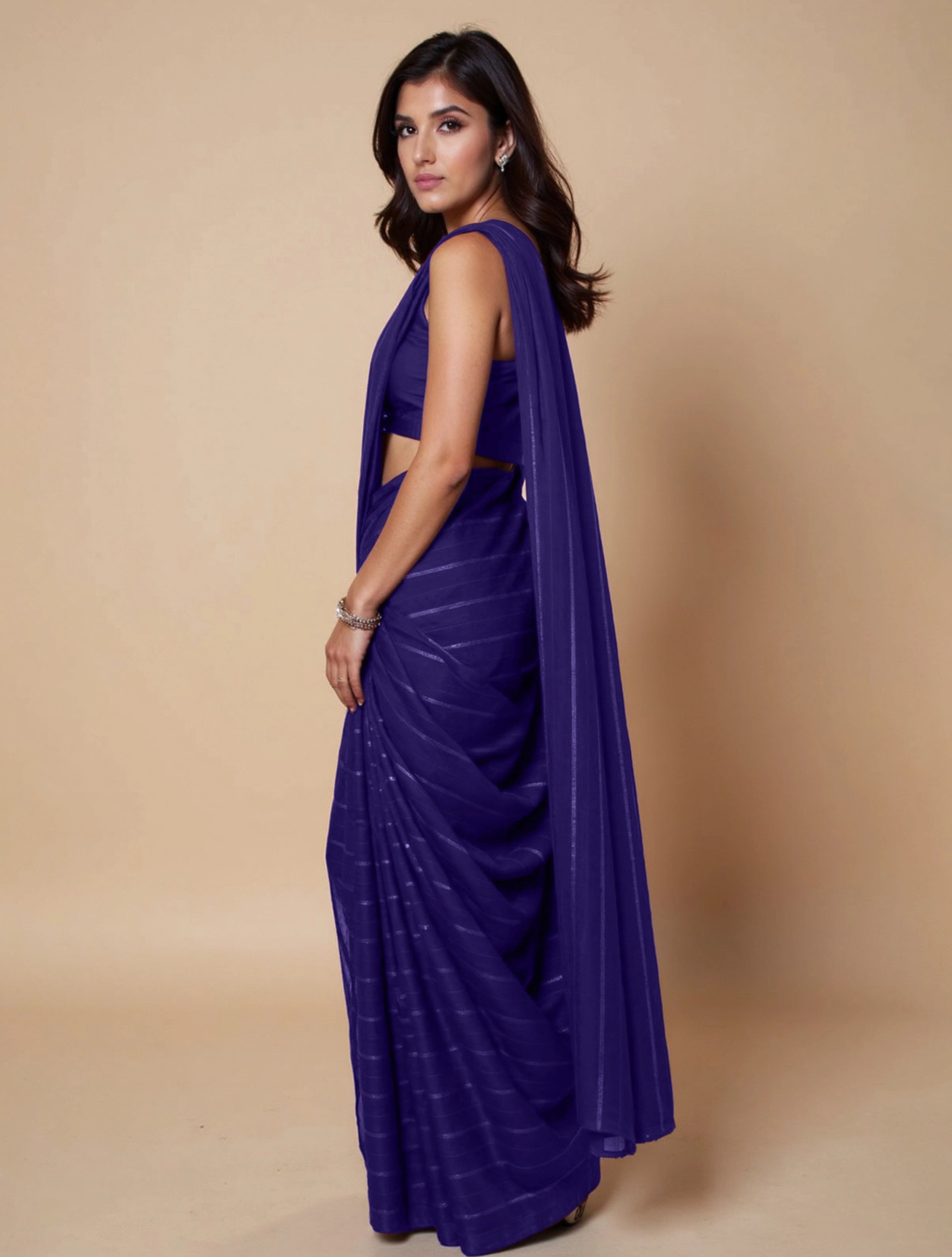 trueBrowns Purple Stripe Saree With Unstitched Blouse