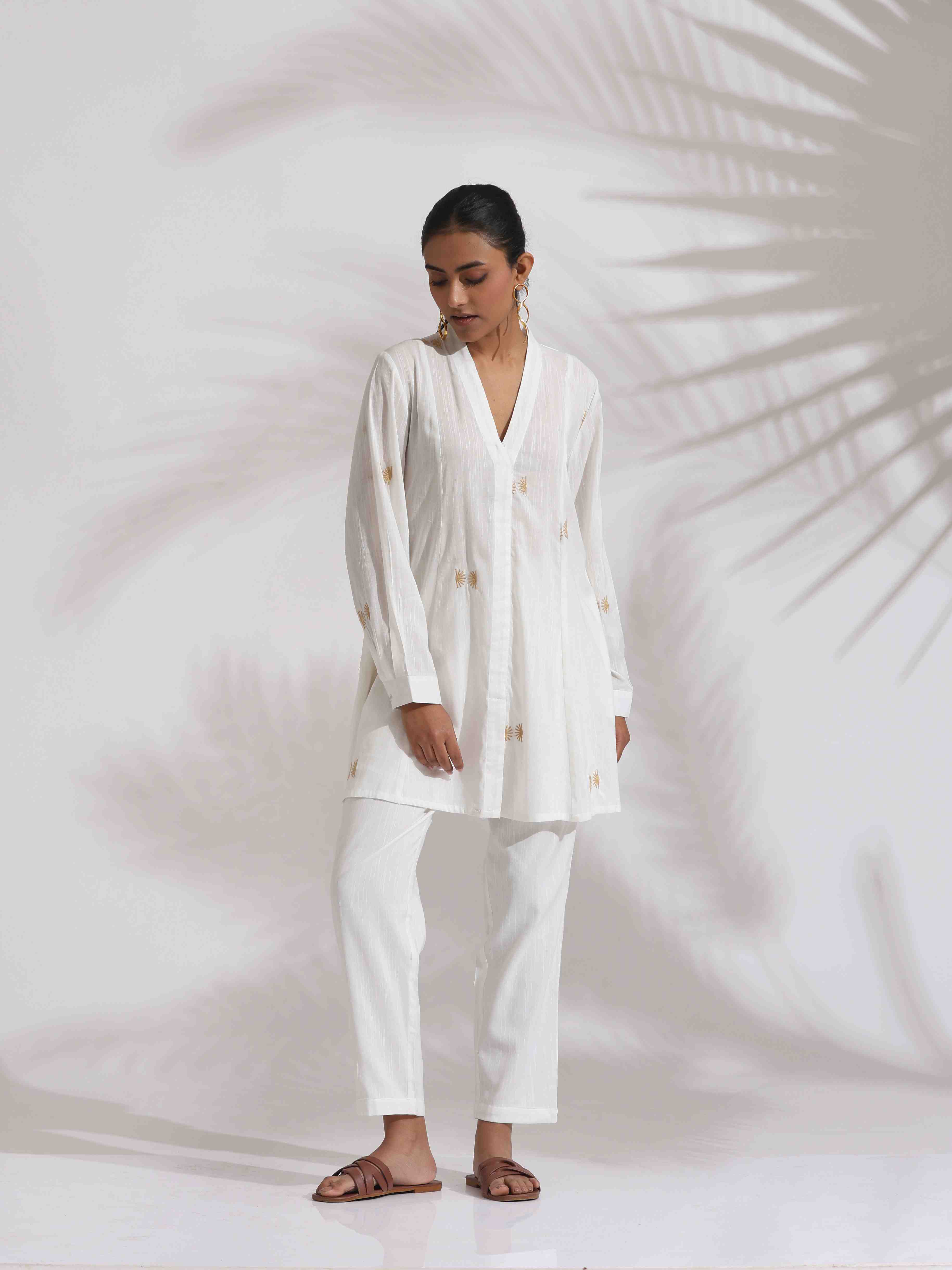 trueBrowns Off-White Cotton Embroidered A-line Co-ord Set