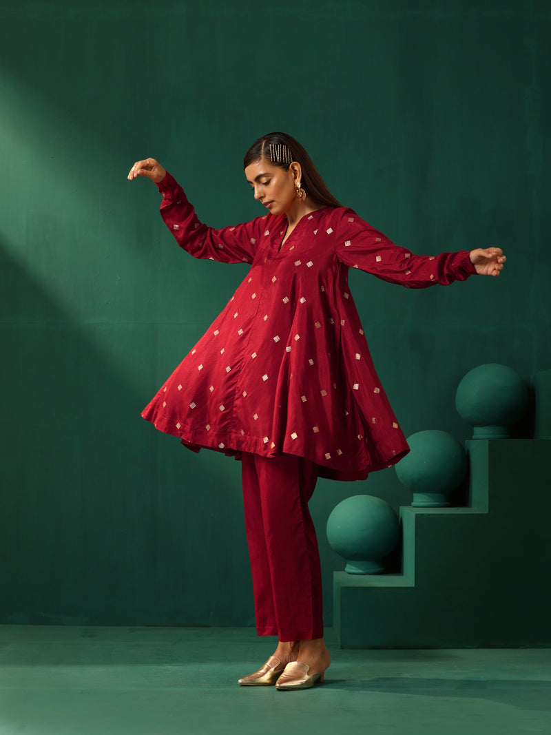 trueBrowns Maroon Diamond Viscose Silk Co-ord Set