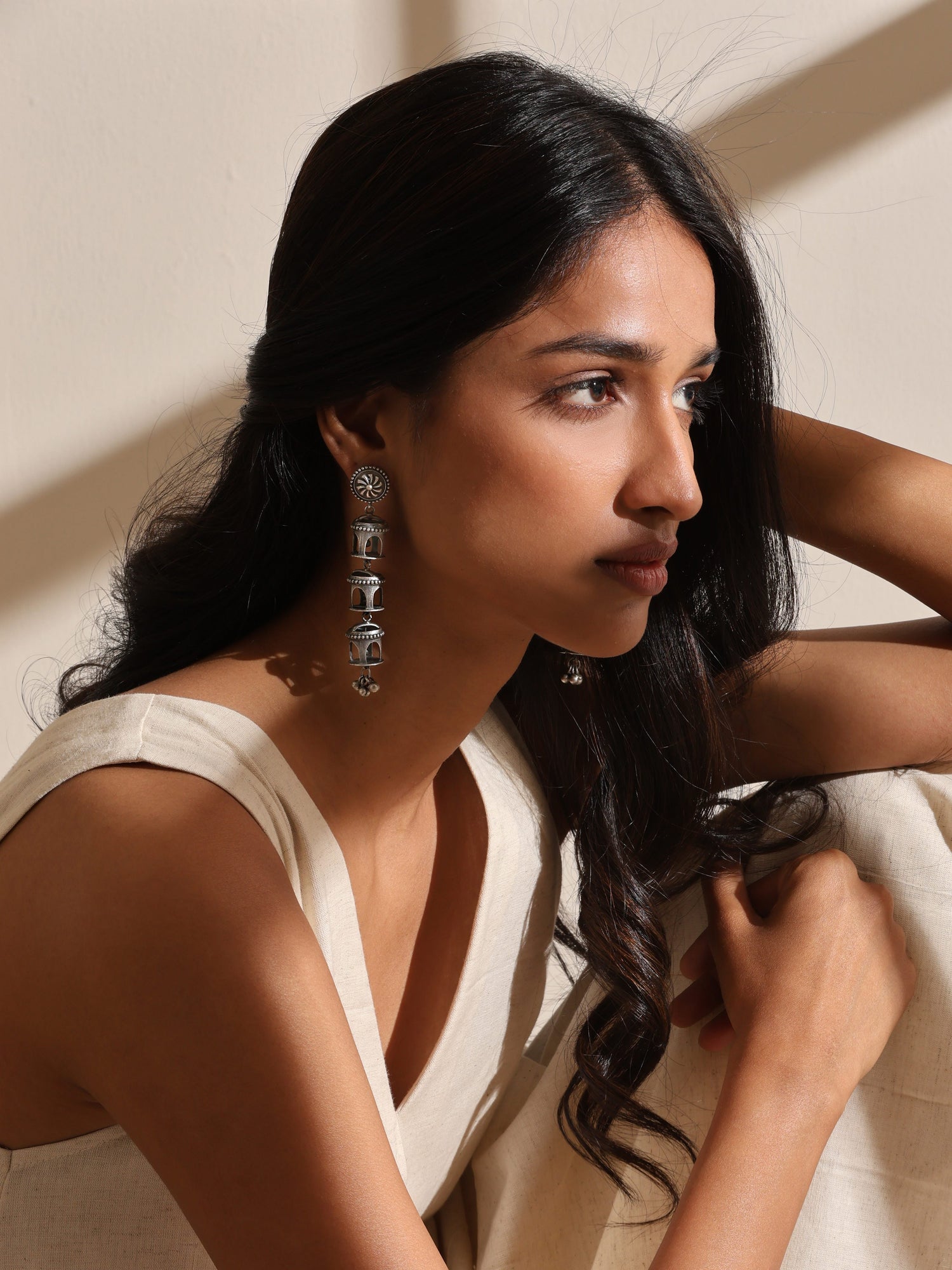 Silver-Plated Long Drop Minar Earrings