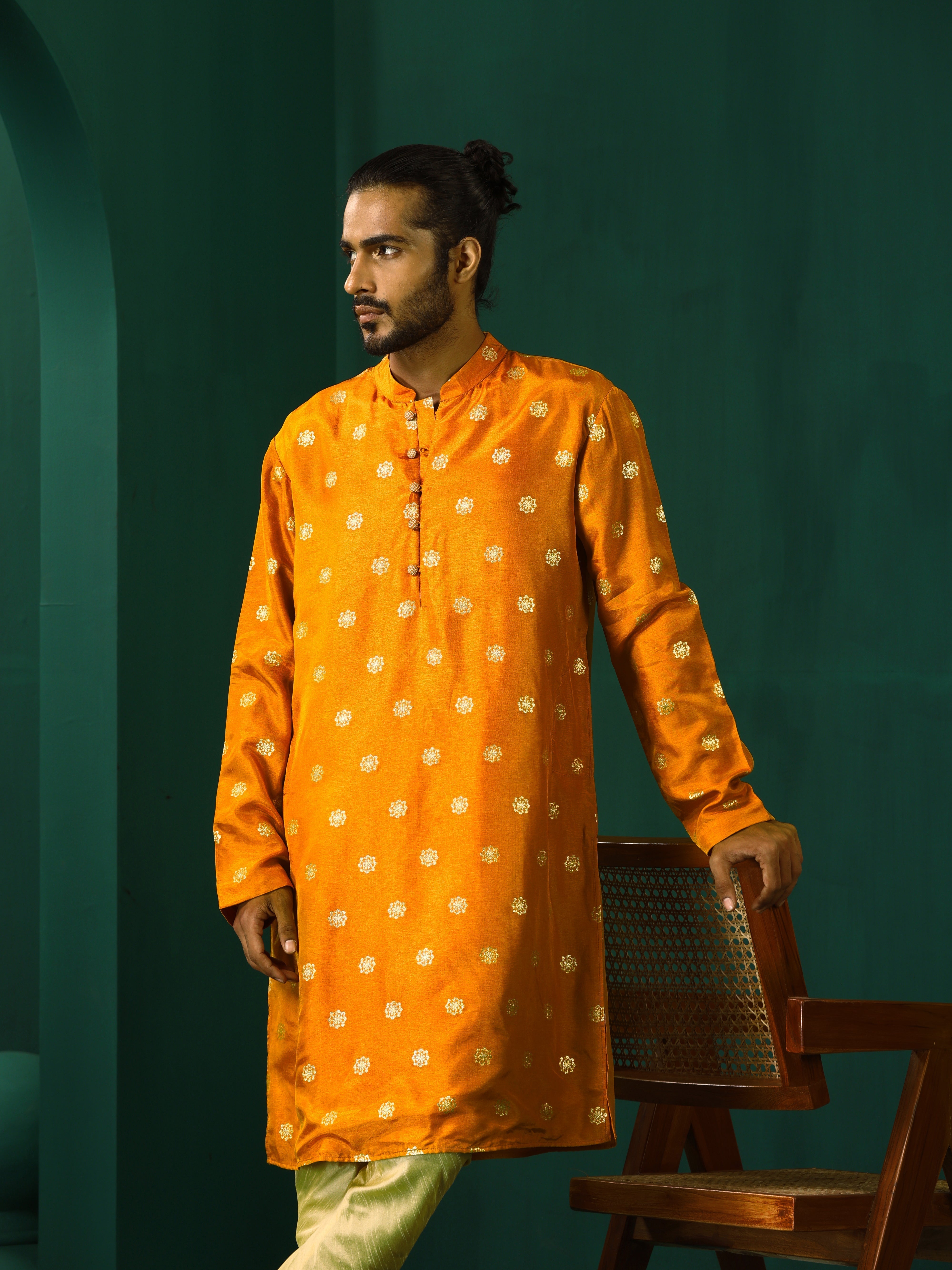 trueBrowns Men Mustard Geometric Floral Viscose Silk Long Kurta