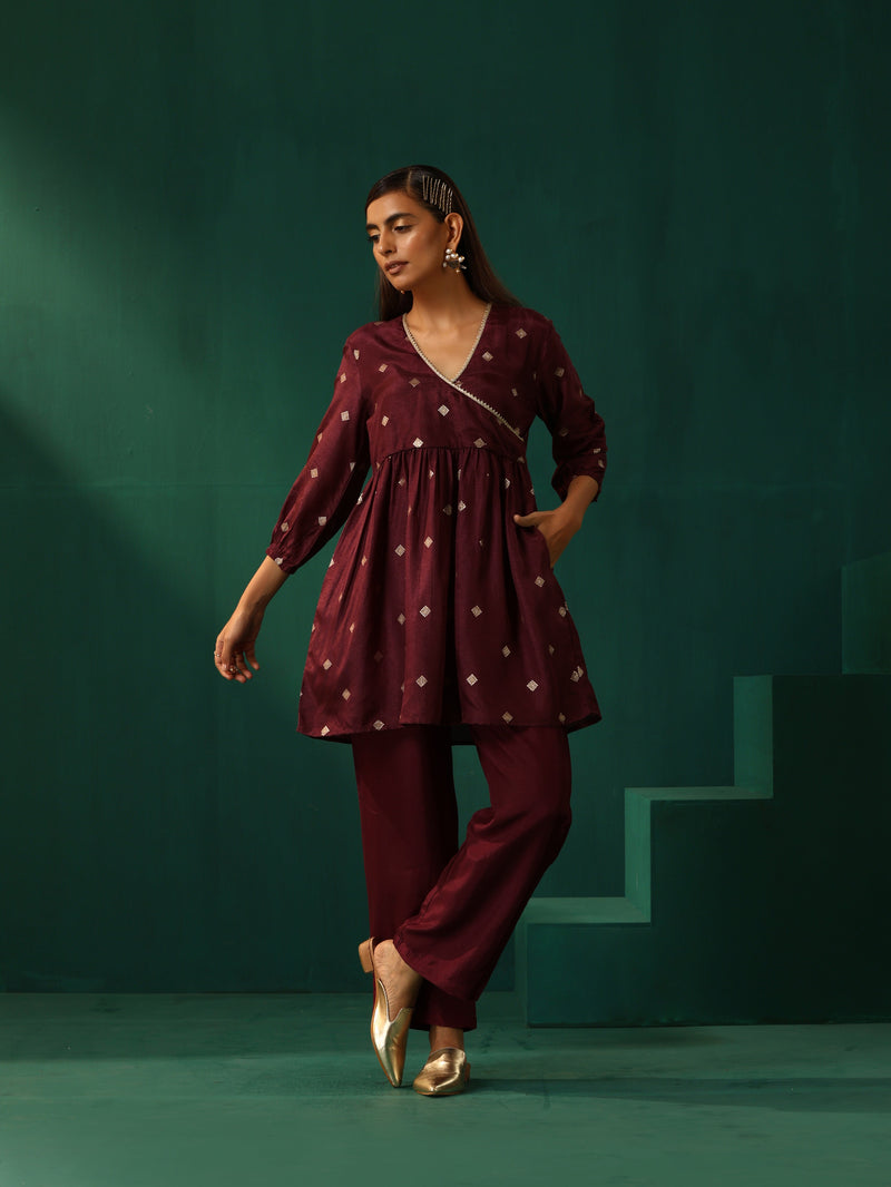 trueBrowns Wine Diamond Viscose Silk Overlap Co-ord Set