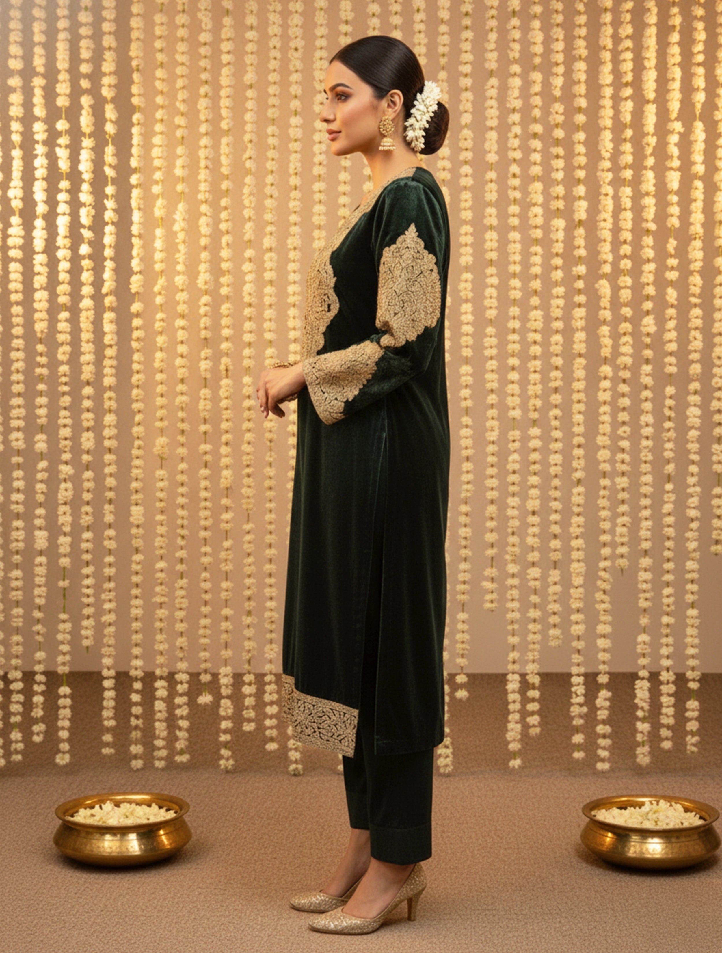 trueBrowns Green Velvet Embroidered Chogha Pants Dupatta Set