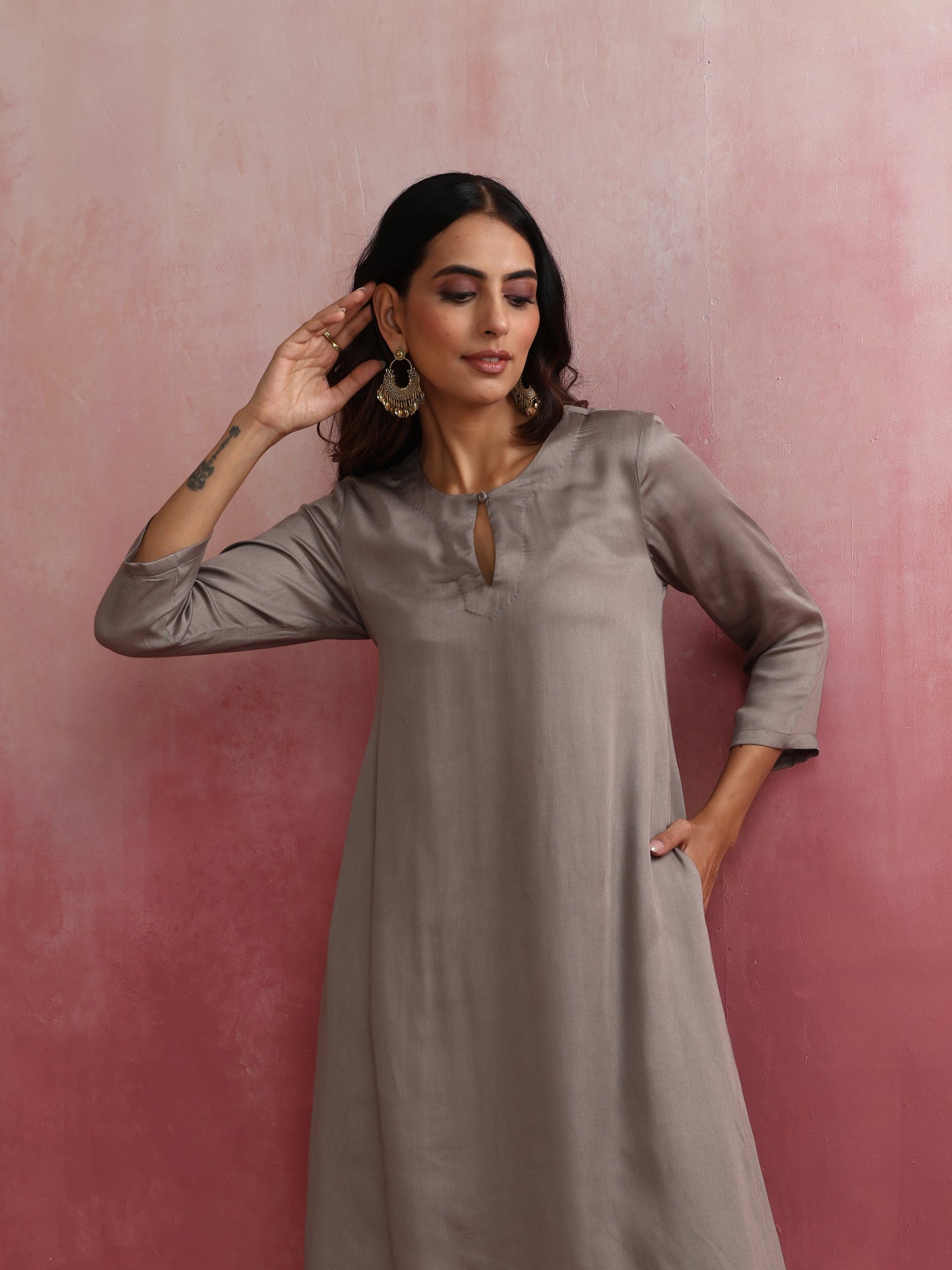 trueBrowns Grey High low Kurta Set