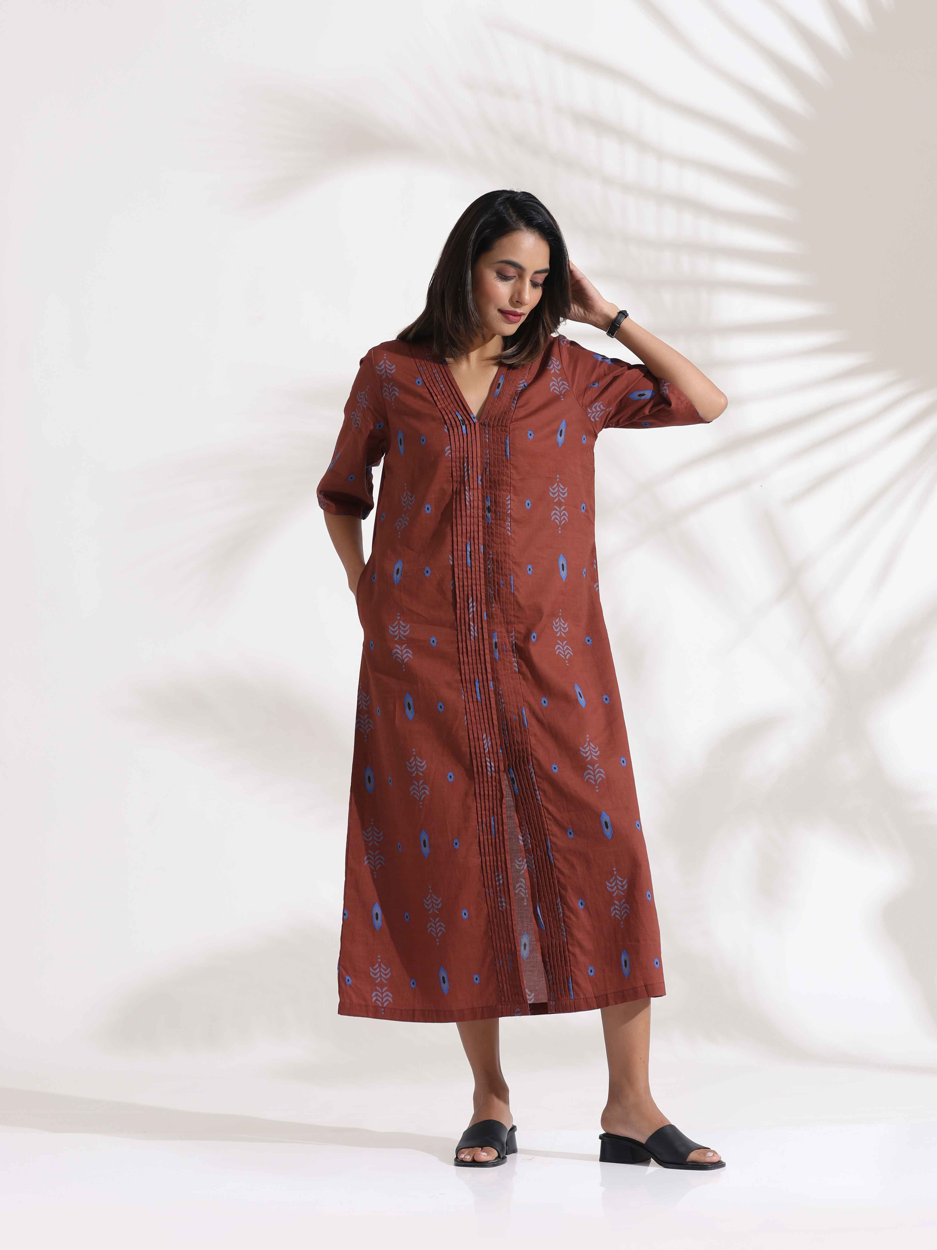 trueBrowns Brown Cotton Print pleated Dress
