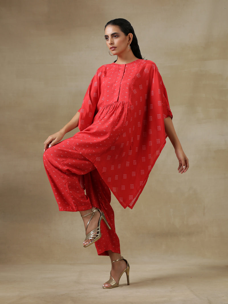 Red Bandhani Printed Silk Kaftan Gathered Co-Ord Set