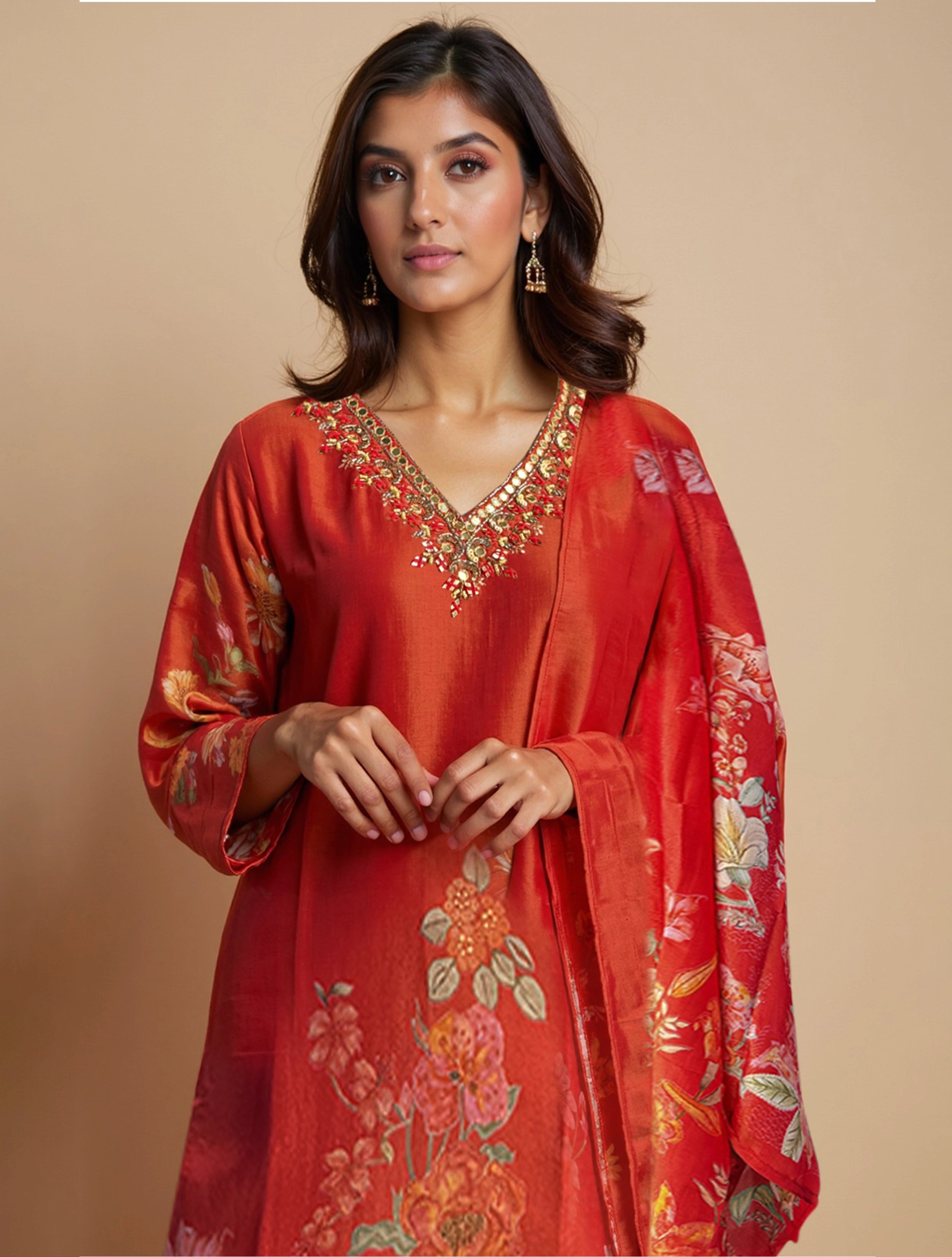 trueBrowns Orange Printed Straight Kurta Pant Dupatta Set