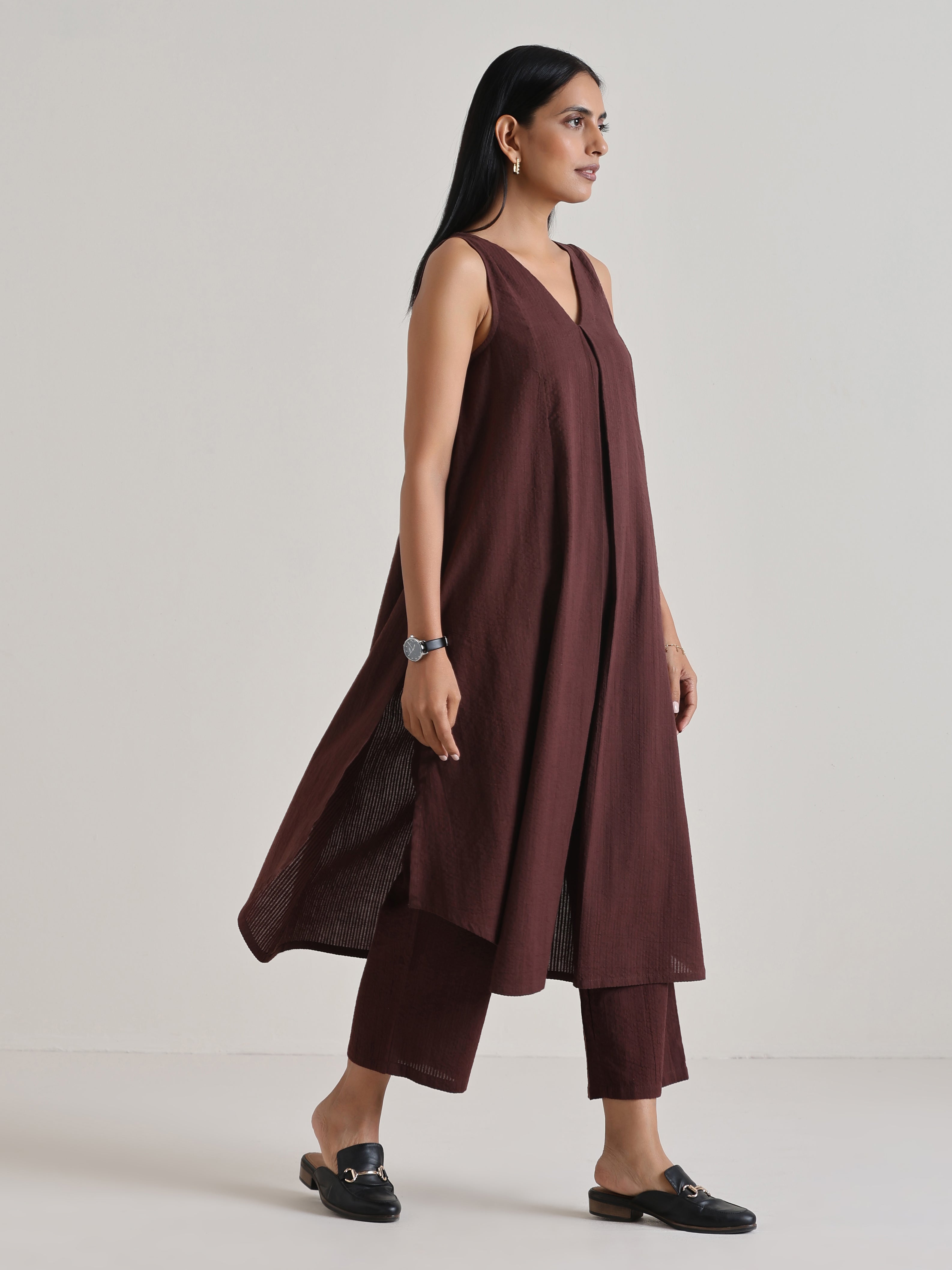 Cola Brown Sleeveless Flared  Kurta Pant Set