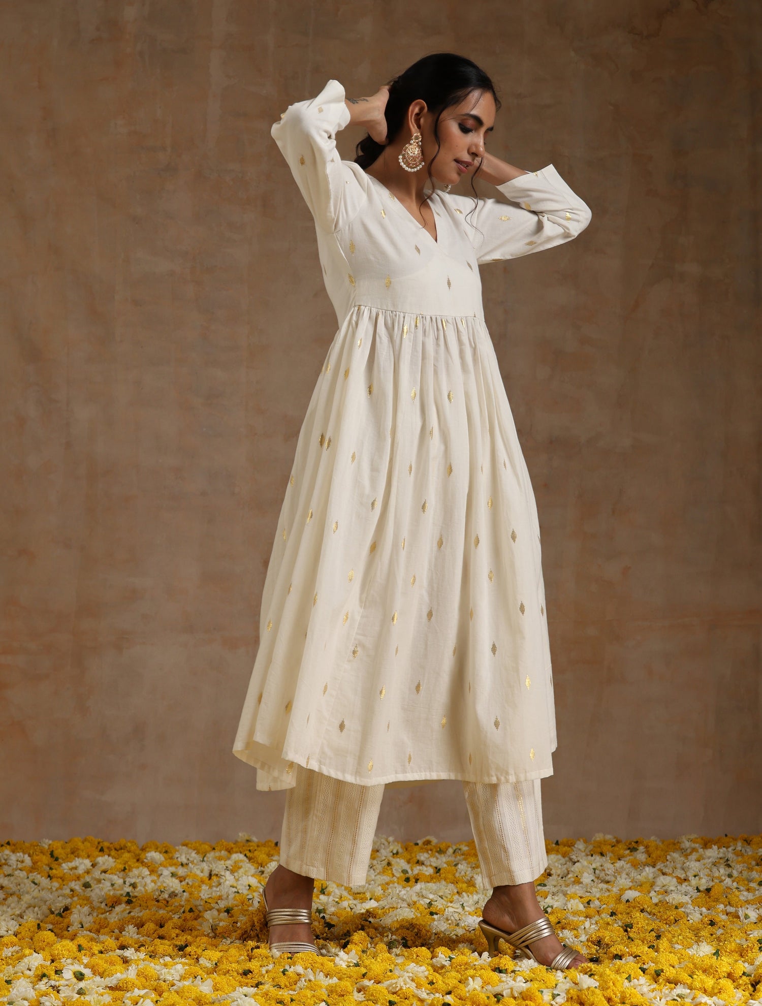 Ivory Gold Cotton Kalidar Kurta Set