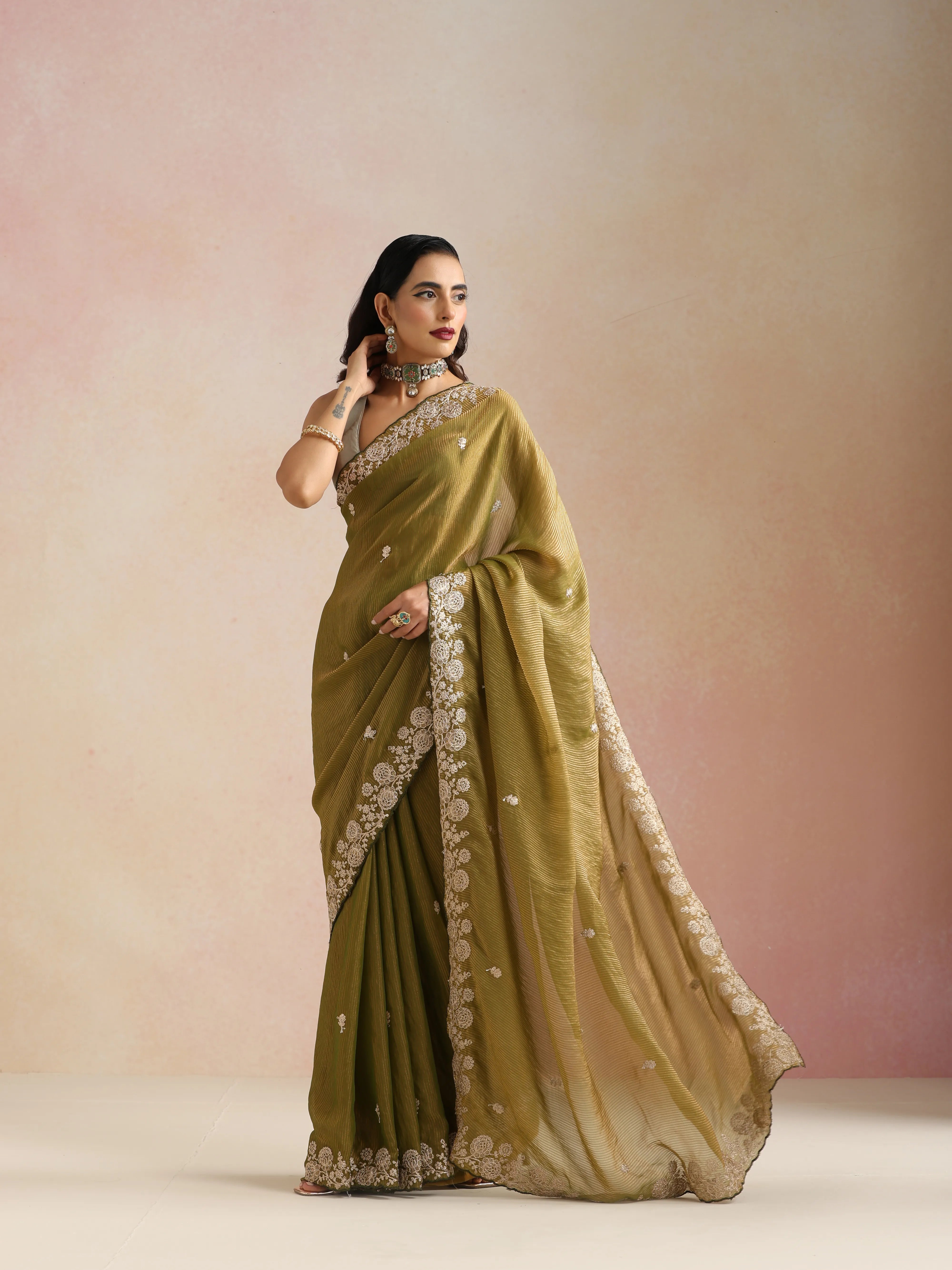 trueBrowns Lime Tissue Stripe Embroidery Weave Saree With Unstitched Blouse