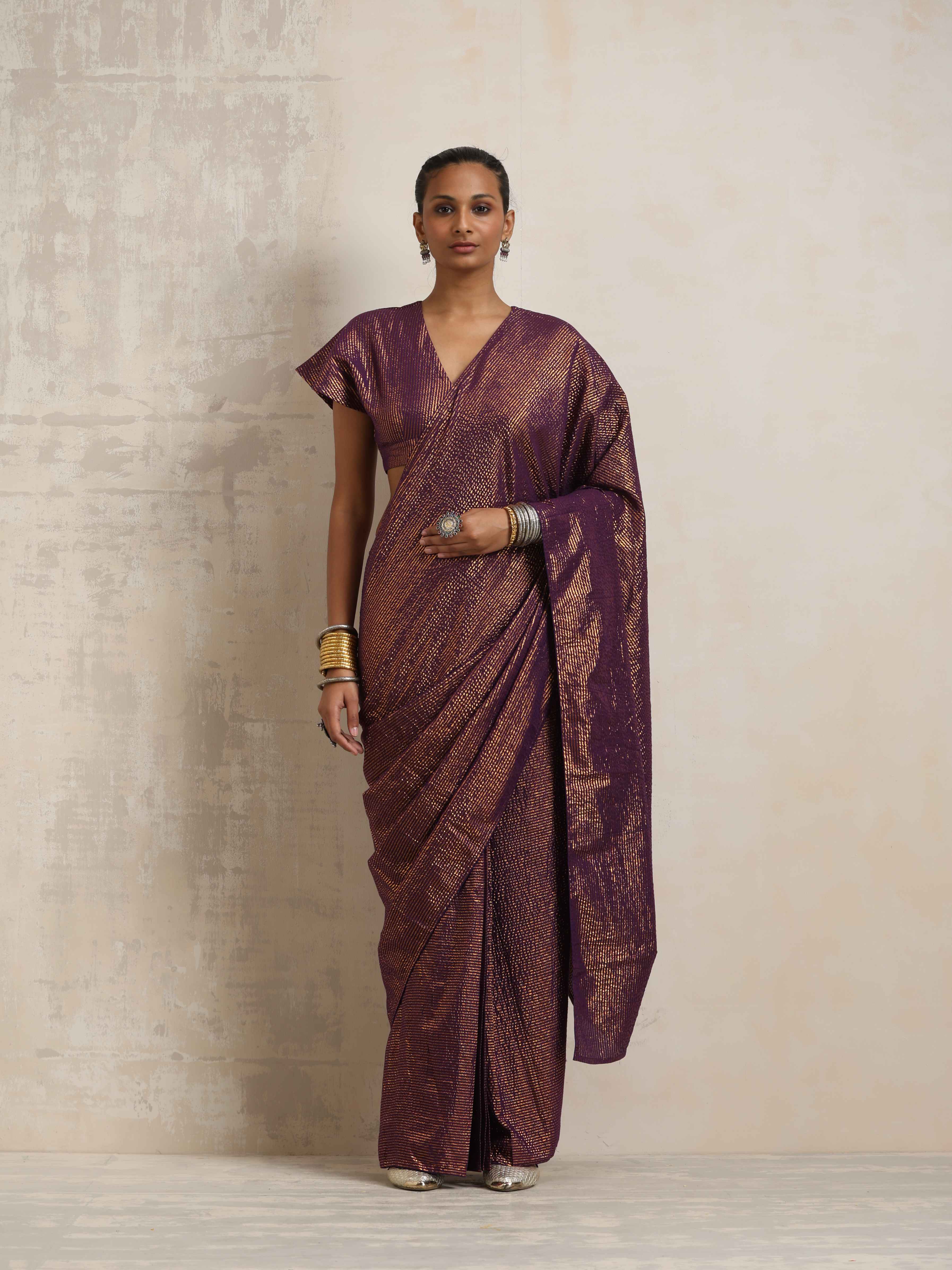trueBrowns Purple Gold Lurex Ready To Wear Saree