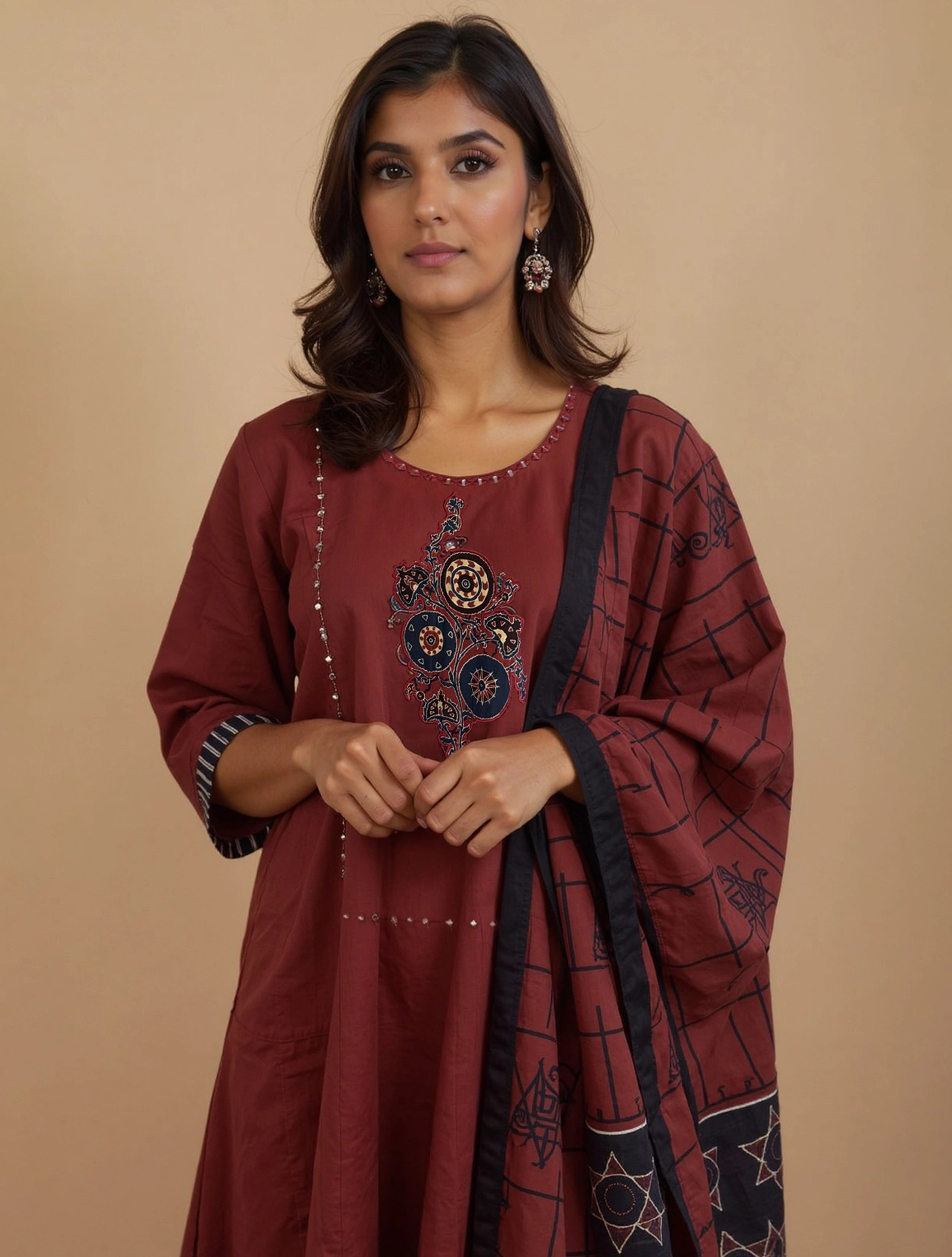 trueBrowns Maroon A-line Kurta Pant Dupatta Set