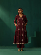 trueBrowns Wine Geometric Viscose Silk Kurta Pant Set