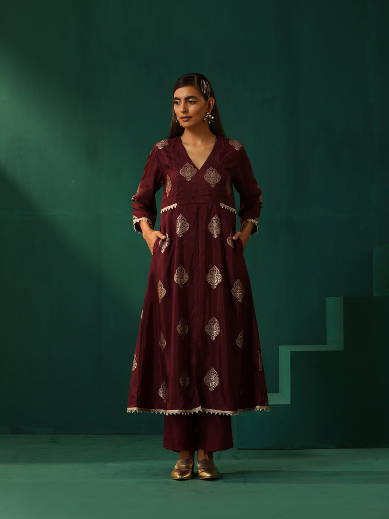 trueBrowns Wine Geometric Viscose Silk Kurta Pant Set