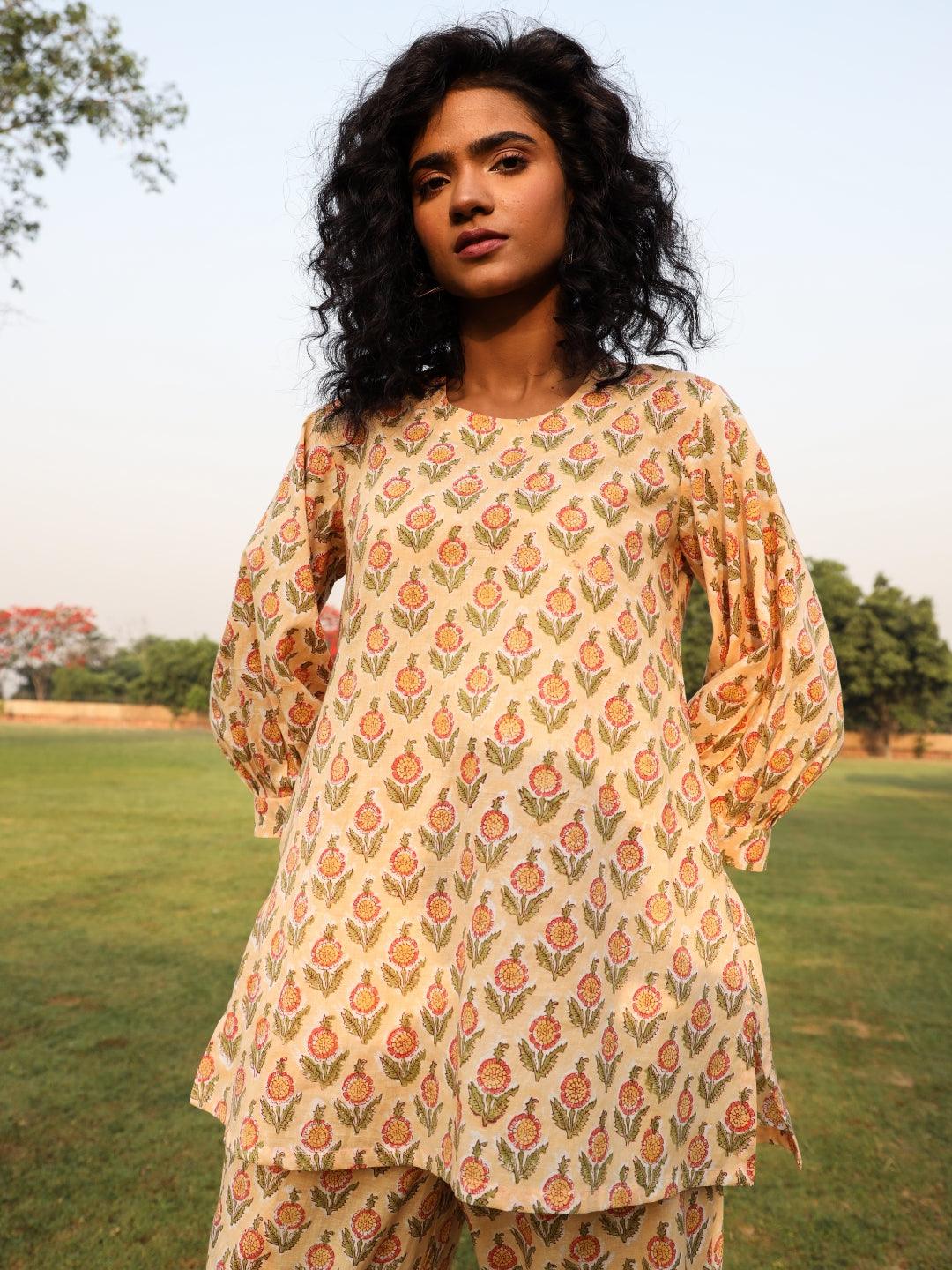 Peach Cotton Block Print Baggy Sleeve Co-Ord Set - trueBrowns
