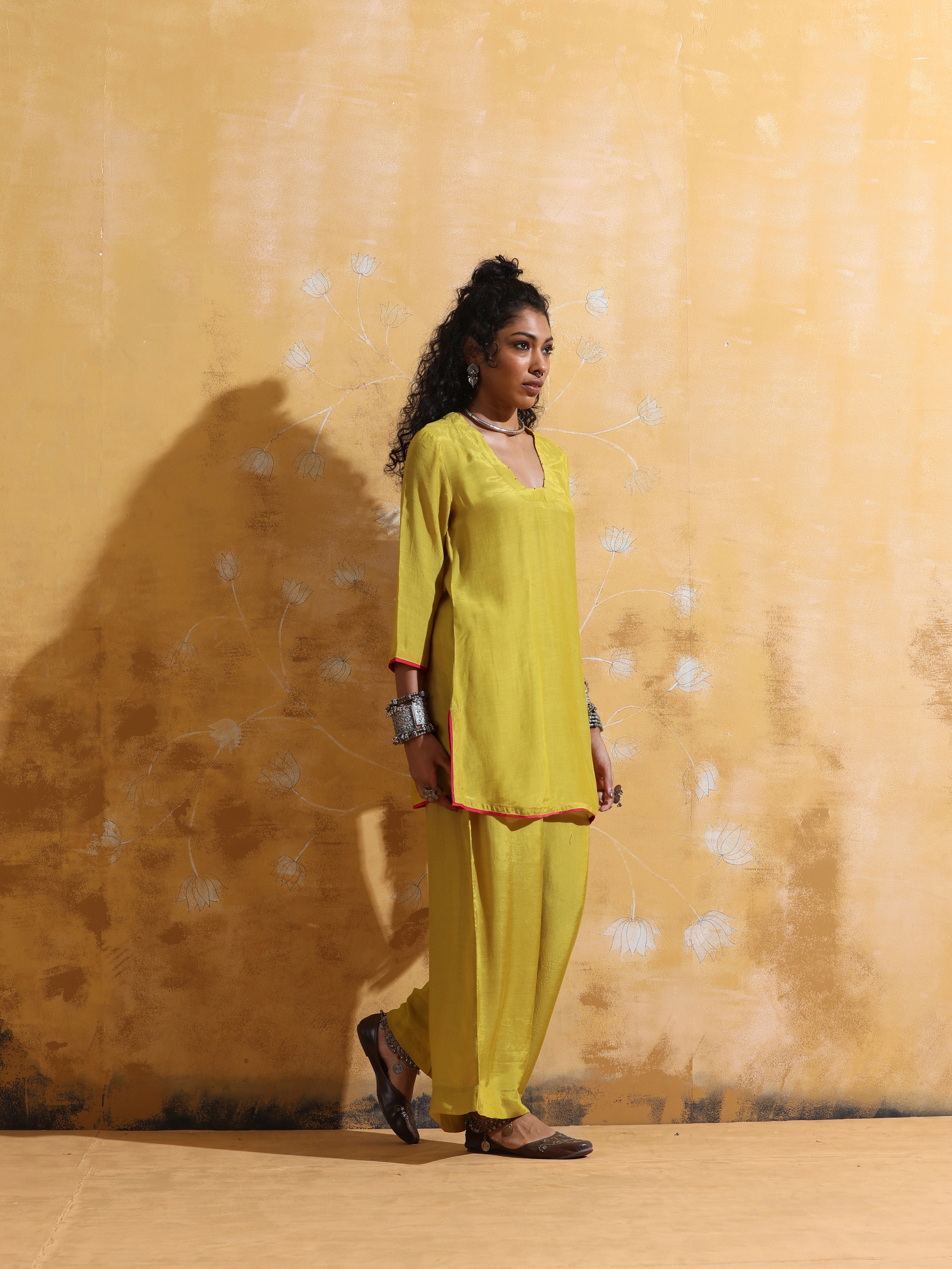 trueBrowns Lime Muslin Silk Co-ord Set with Flared Pants