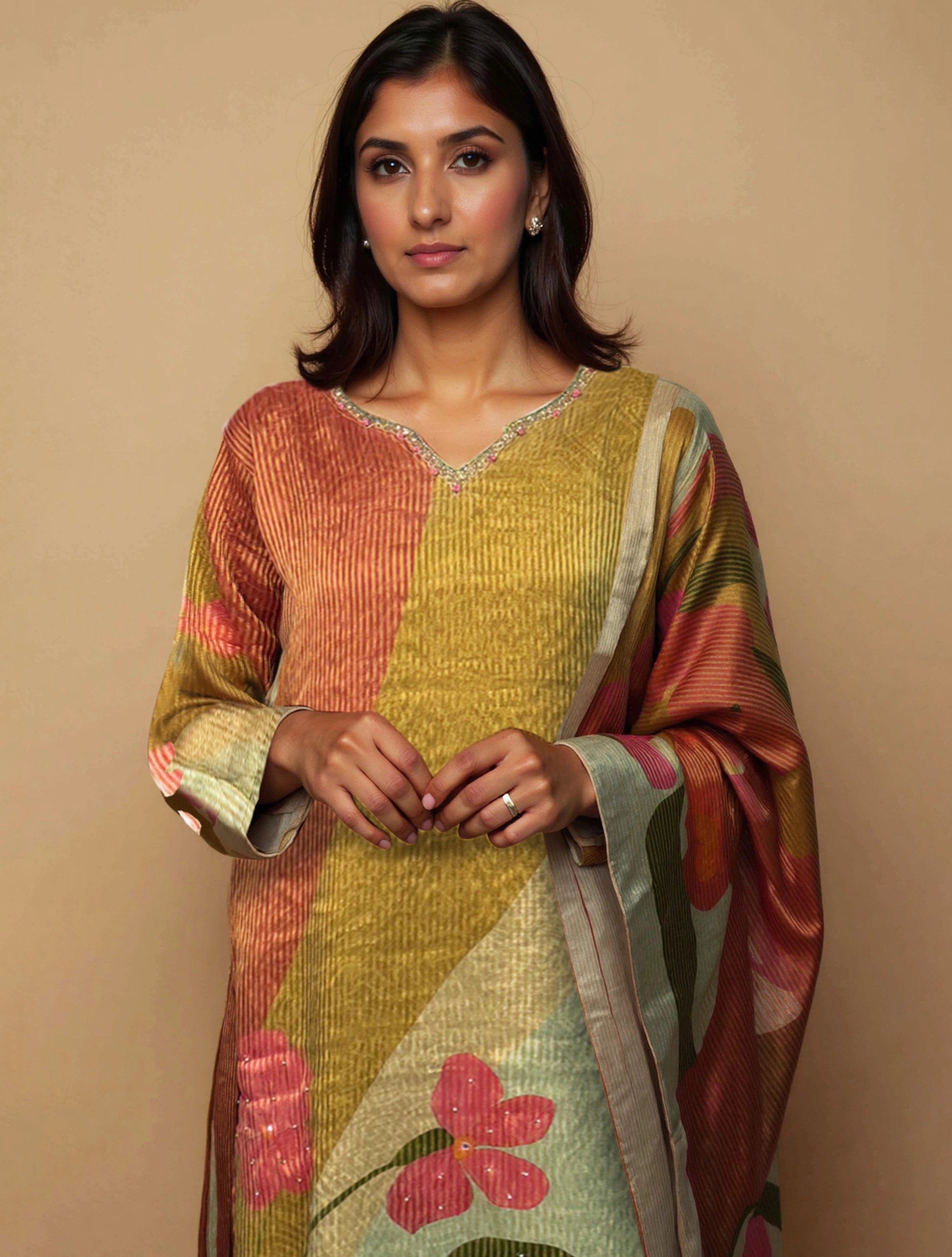 trueBrowns Pink Embroidered Tissue Straight Kurta 3pc Set
